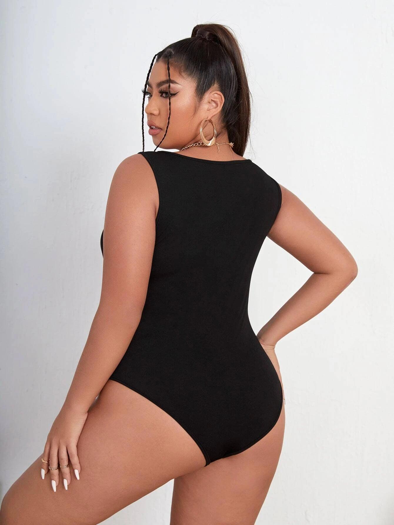 Plus Scoop Neck Solid Bodysuit-Comfy Jumpsuits