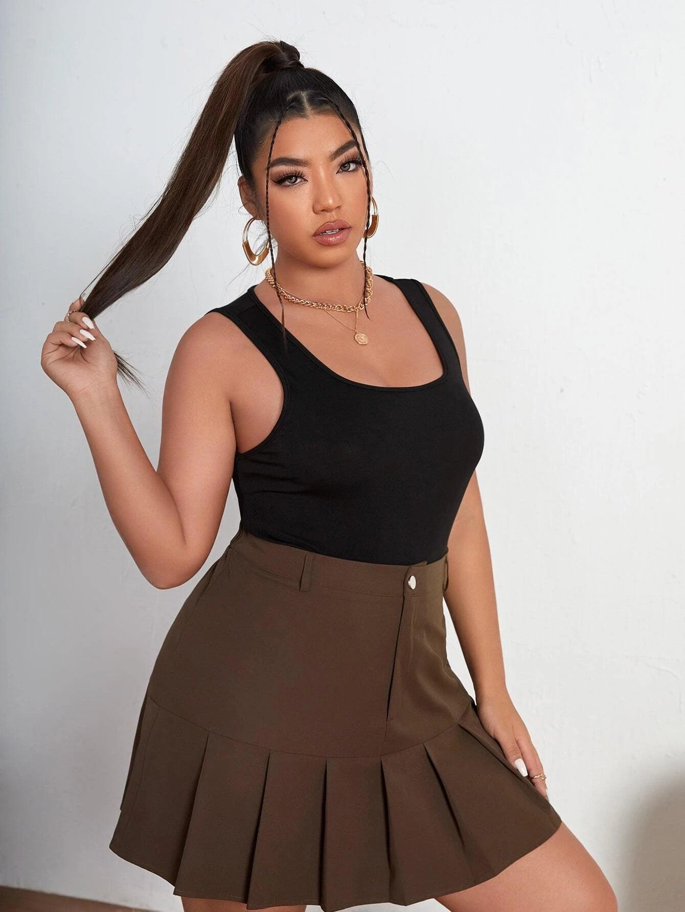 Plus Scoop Neck Solid Bodysuit-Comfy Jumpsuits