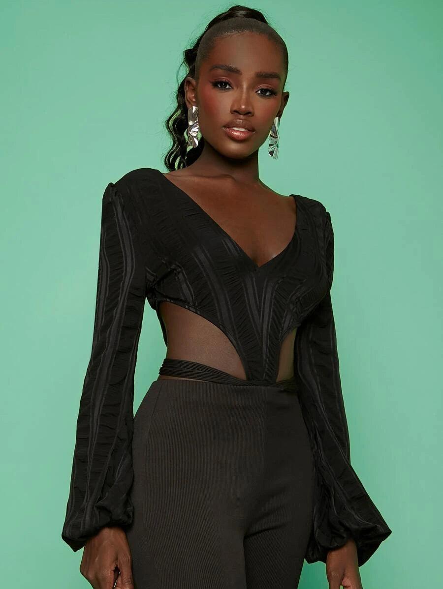 Ruched Cut Out Lantern Sleeve Bodysuit-Comfy Jumpsuits