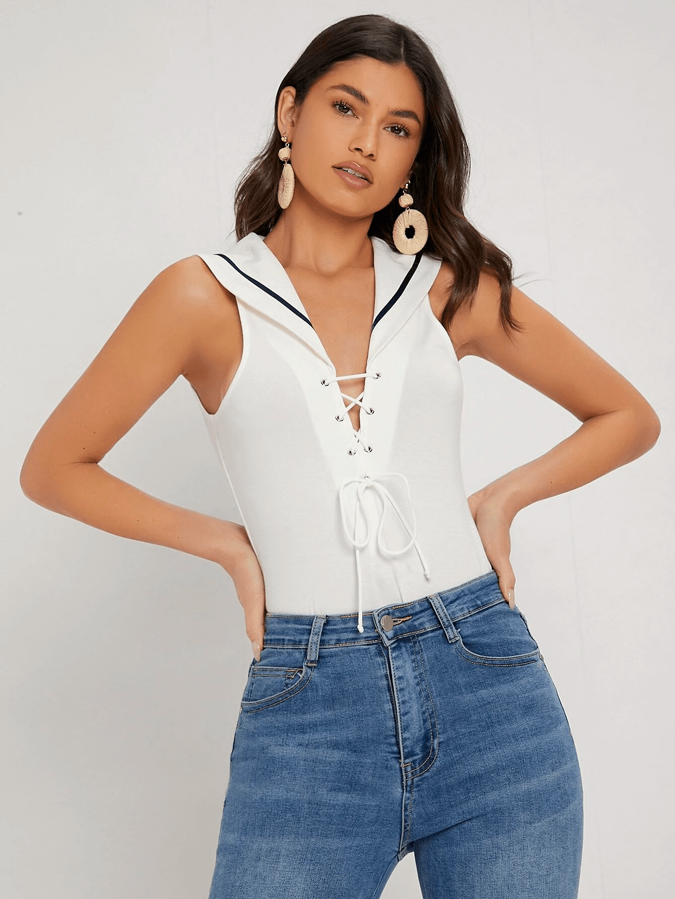 Single Striped Grommet Lace Up Bodysuit-Comfy Jumpsuits