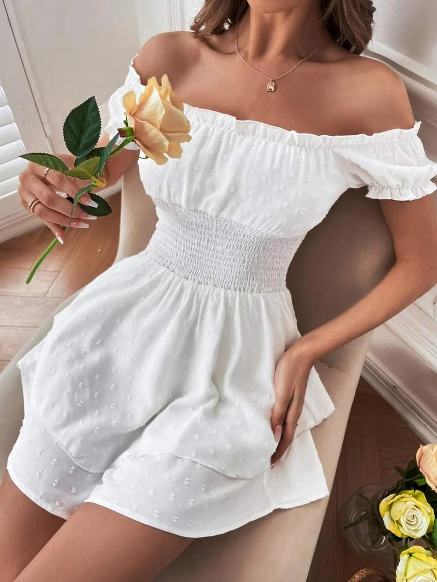 Off Shoulder Frill Trim Shirred Romper-Comfy Jumpsuits