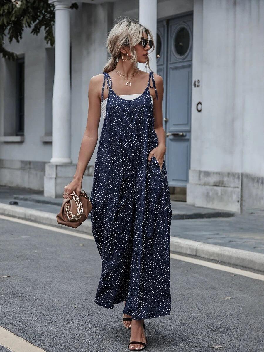 Polka Dot Slant Pockets Tie Shoulder Jumpsuit Without Tube Top-Comfy Jumpsuits