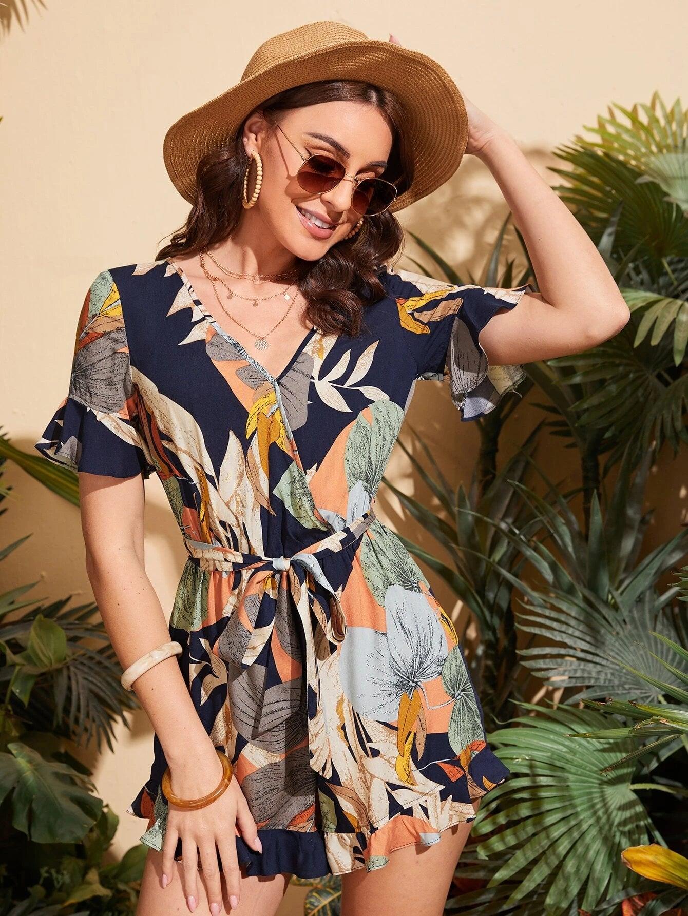 Tropical Print Short Sleeve Belted Romper-Comfy Jumpsuits