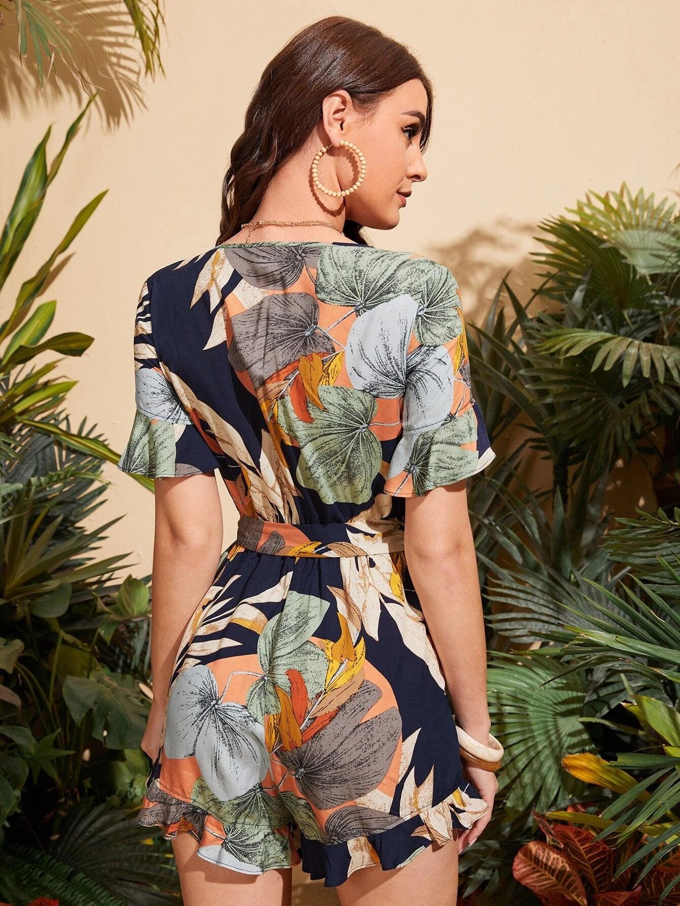 Tropical Print Short Sleeve Belted Romper-Comfy Jumpsuits