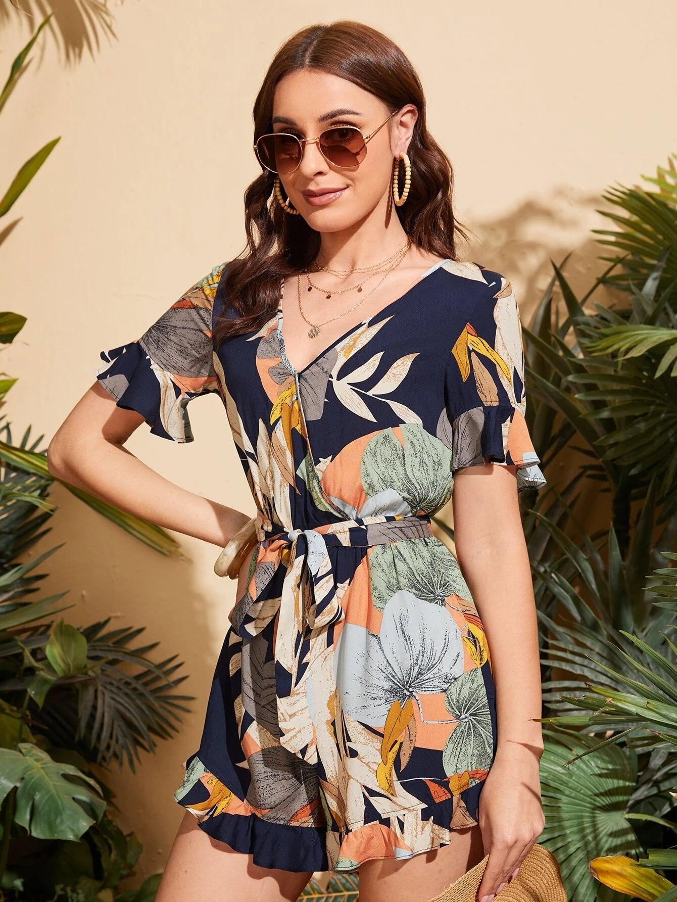 Tropical Print Short Sleeve Belted Romper-Comfy Jumpsuits