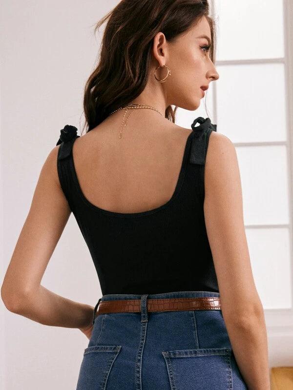 Knot Shoulder Scoop Neck Rib-knit Sleeveless Bodysuit-Comfy Jumpsuits