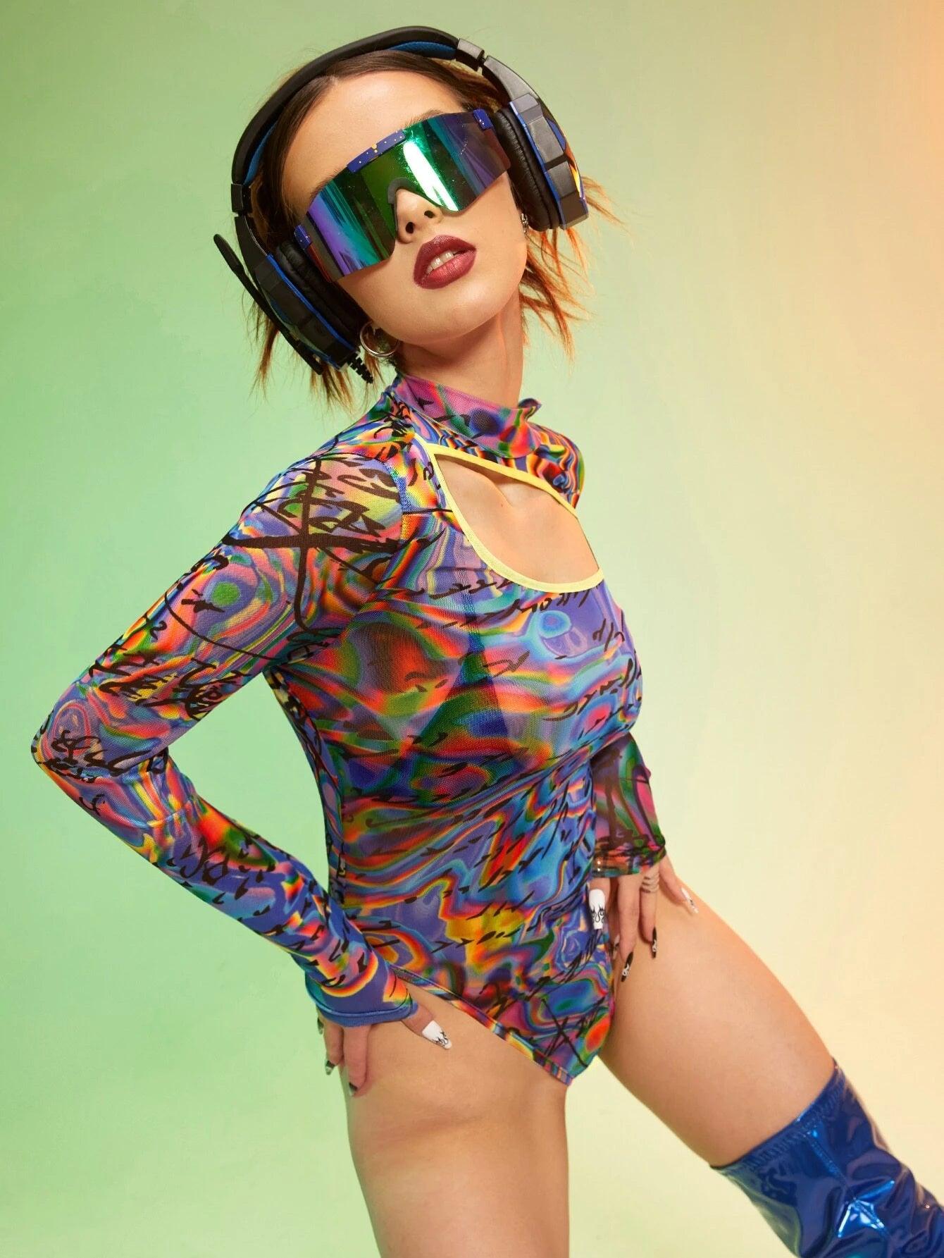 Allover Print Cut Out Contrast Binding Mesh Bodysuit-Comfy Jumpsuits