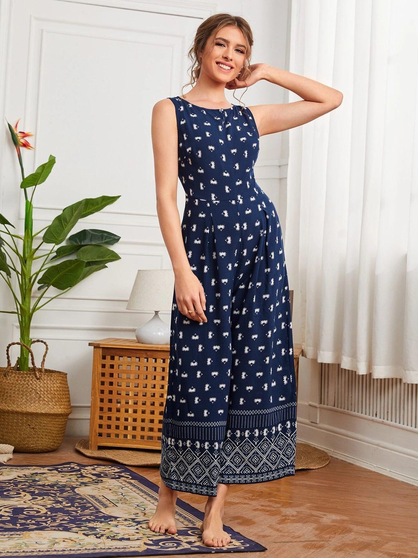 Geo & Floral Print Wide Leg Jumpsuit-Comfy Jumpsuits