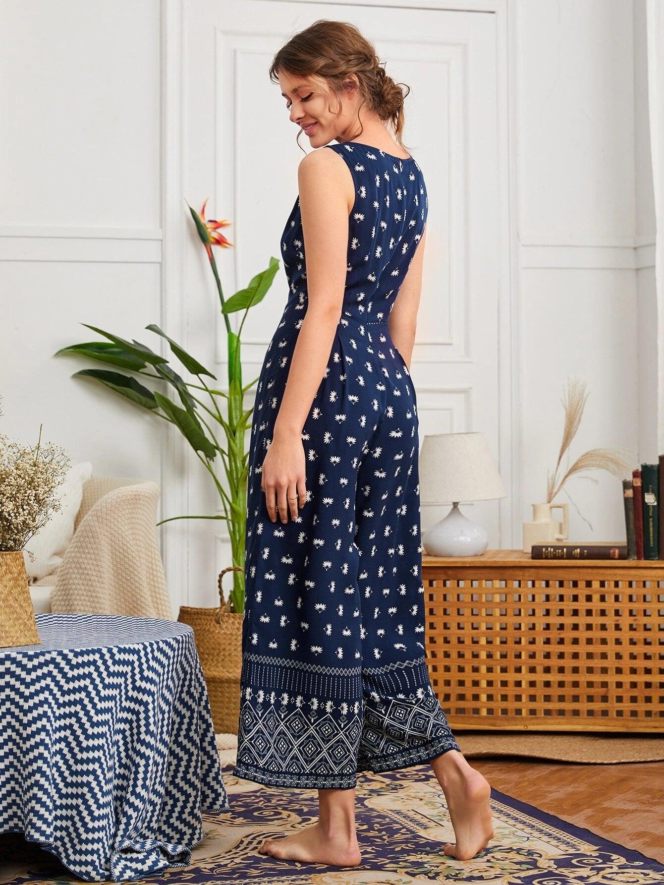 Geo & Floral Print Wide Leg Jumpsuit-Comfy Jumpsuits