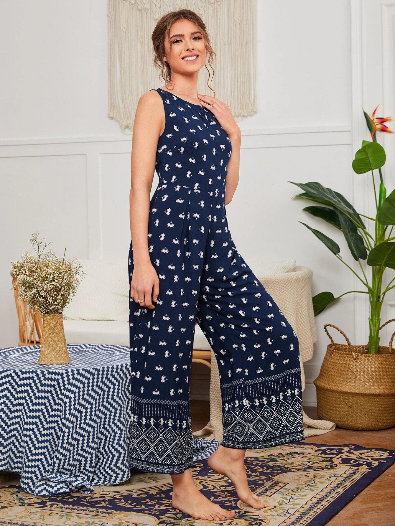 Geo & Floral Print Wide Leg Jumpsuit-Comfy Jumpsuits
