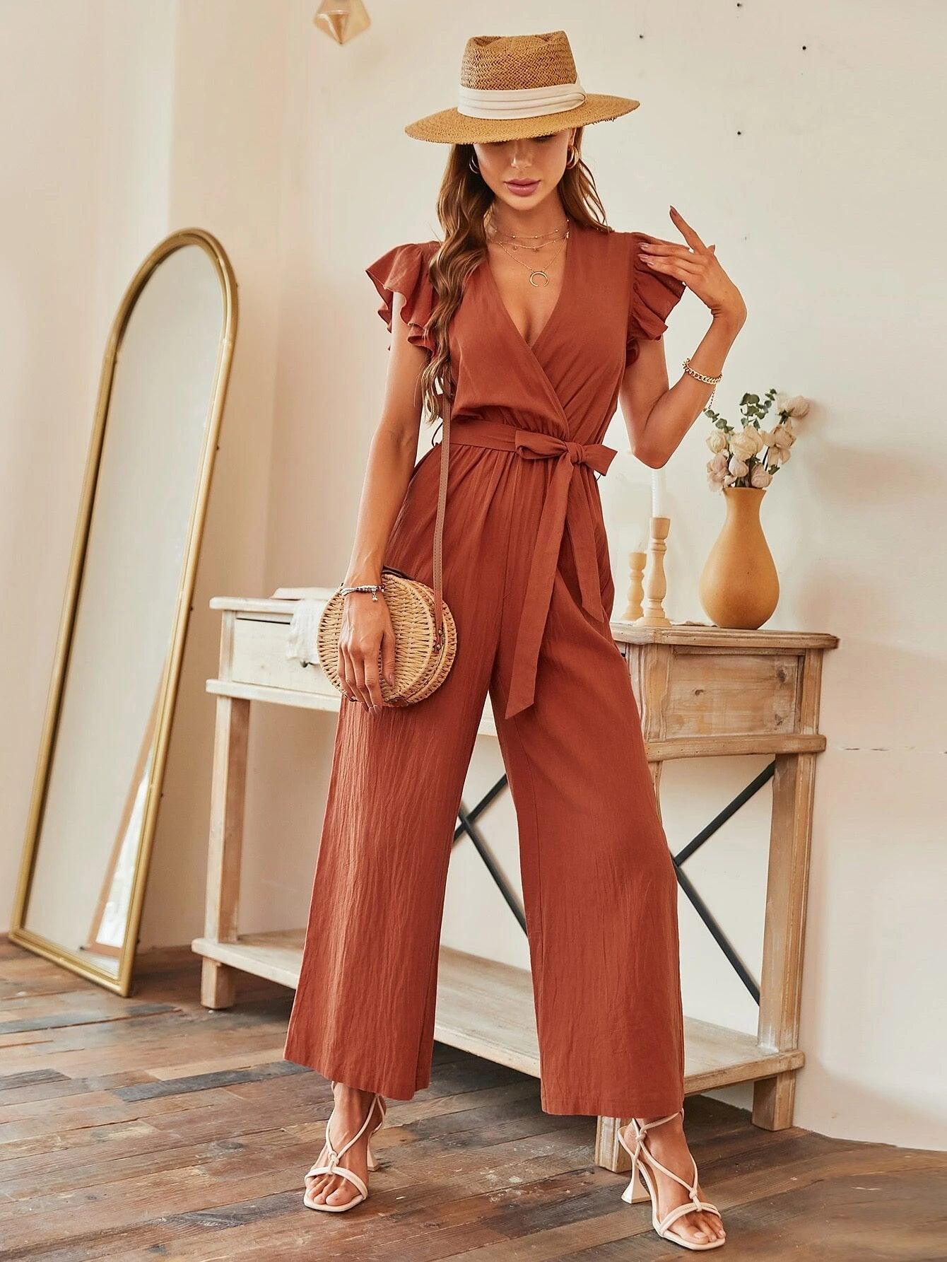 Butterfly Sleeve Wide Leg Belted Jumpsuit-Comfy Jumpsuits