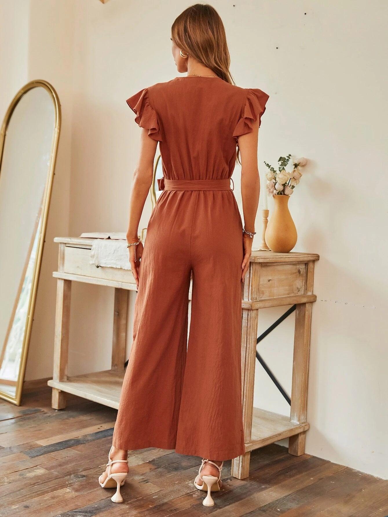 Butterfly Sleeve Wide Leg Belted Jumpsuit-Comfy Jumpsuits