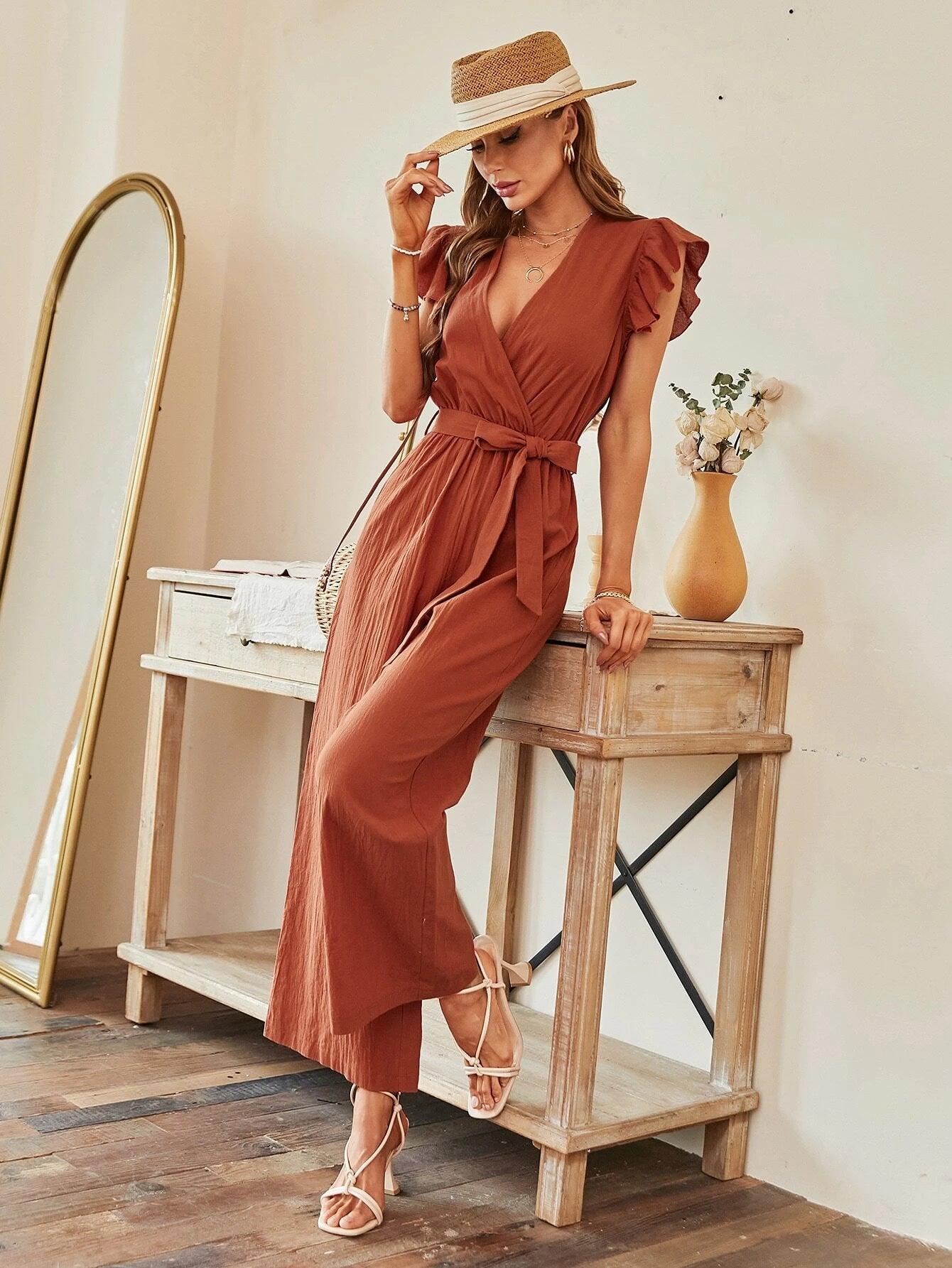 Butterfly Sleeve Wide Leg Belted Jumpsuit-Comfy Jumpsuits