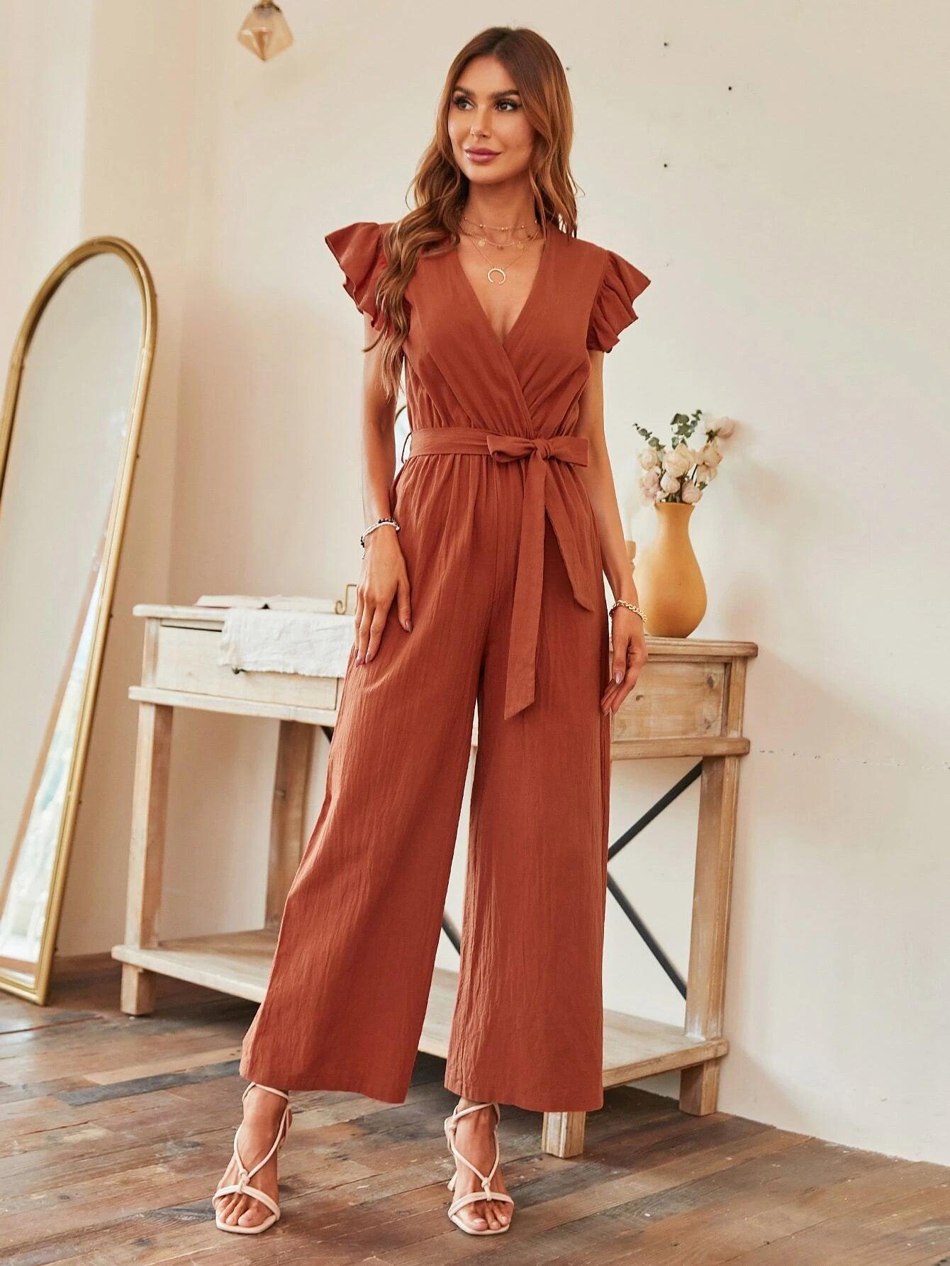 Butterfly Sleeve Wide Leg Belted Jumpsuit-Comfy Jumpsuits