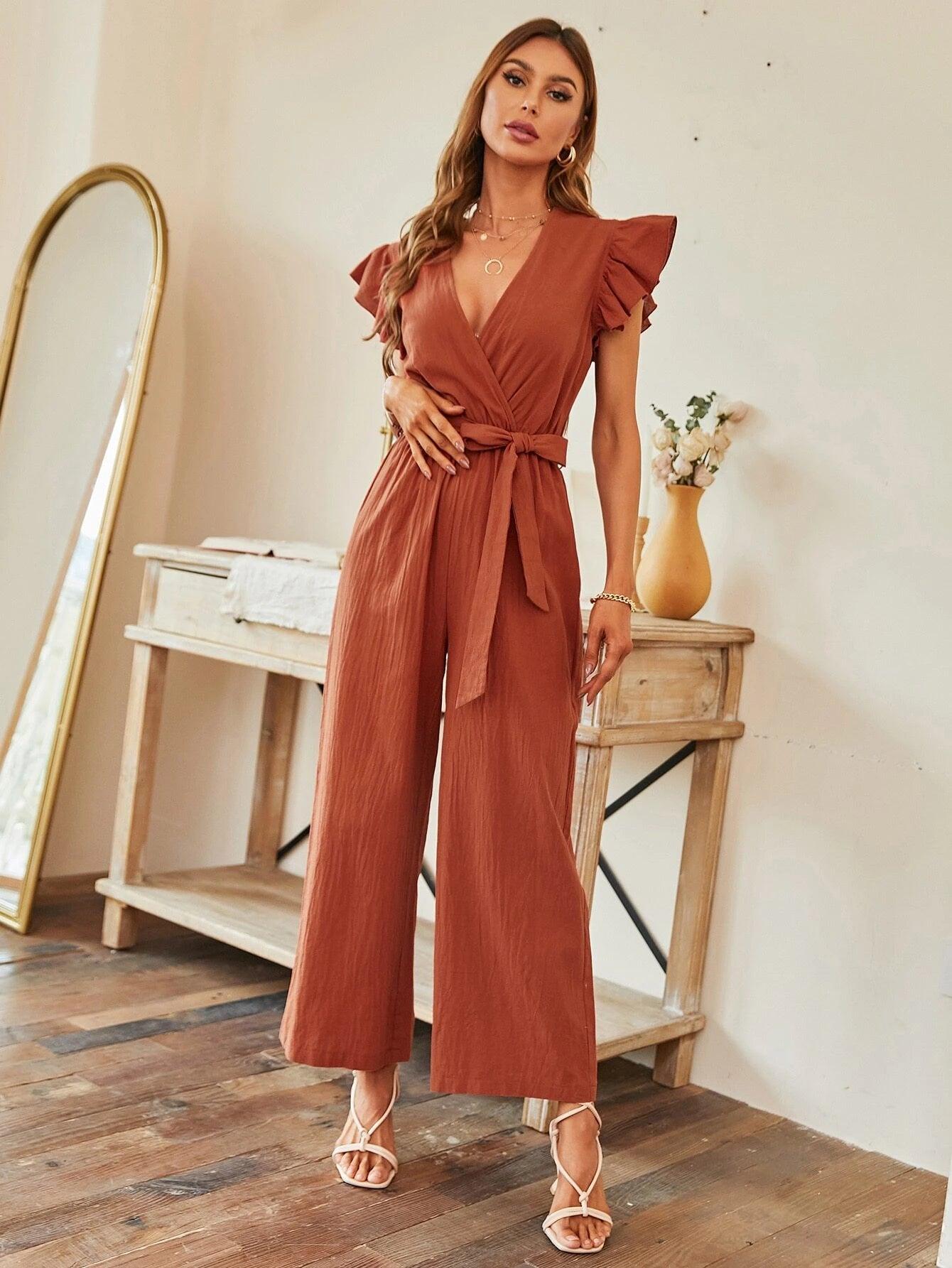 Butterfly Sleeve Wide Leg Belted Jumpsuit-Comfy Jumpsuits