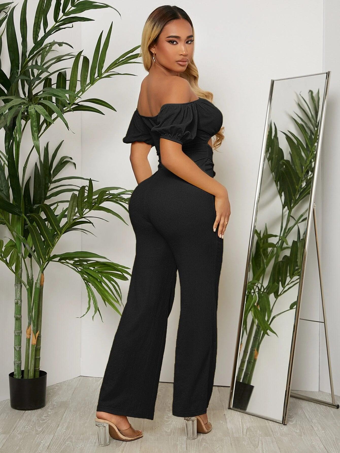 Off Shoulder Puff Sleeve Jumpsuit-Comfy Jumpsuits
