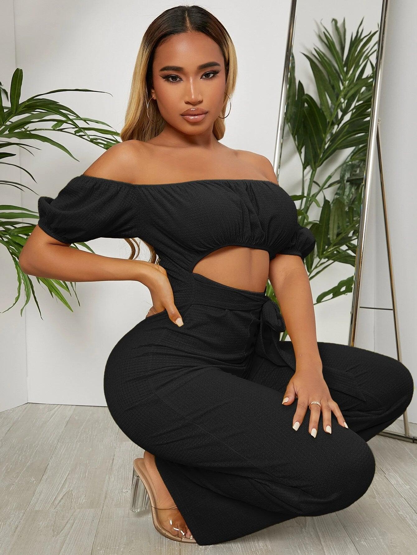 Off Shoulder Puff Sleeve Jumpsuit-Comfy Jumpsuits