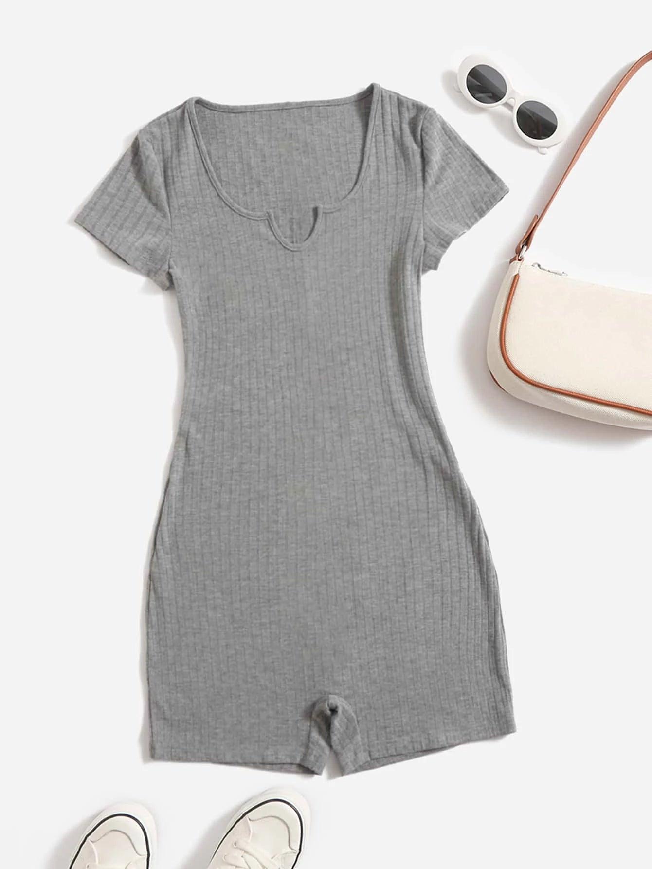 Notched Neck Rib Knit Romper-Comfy Jumpsuits