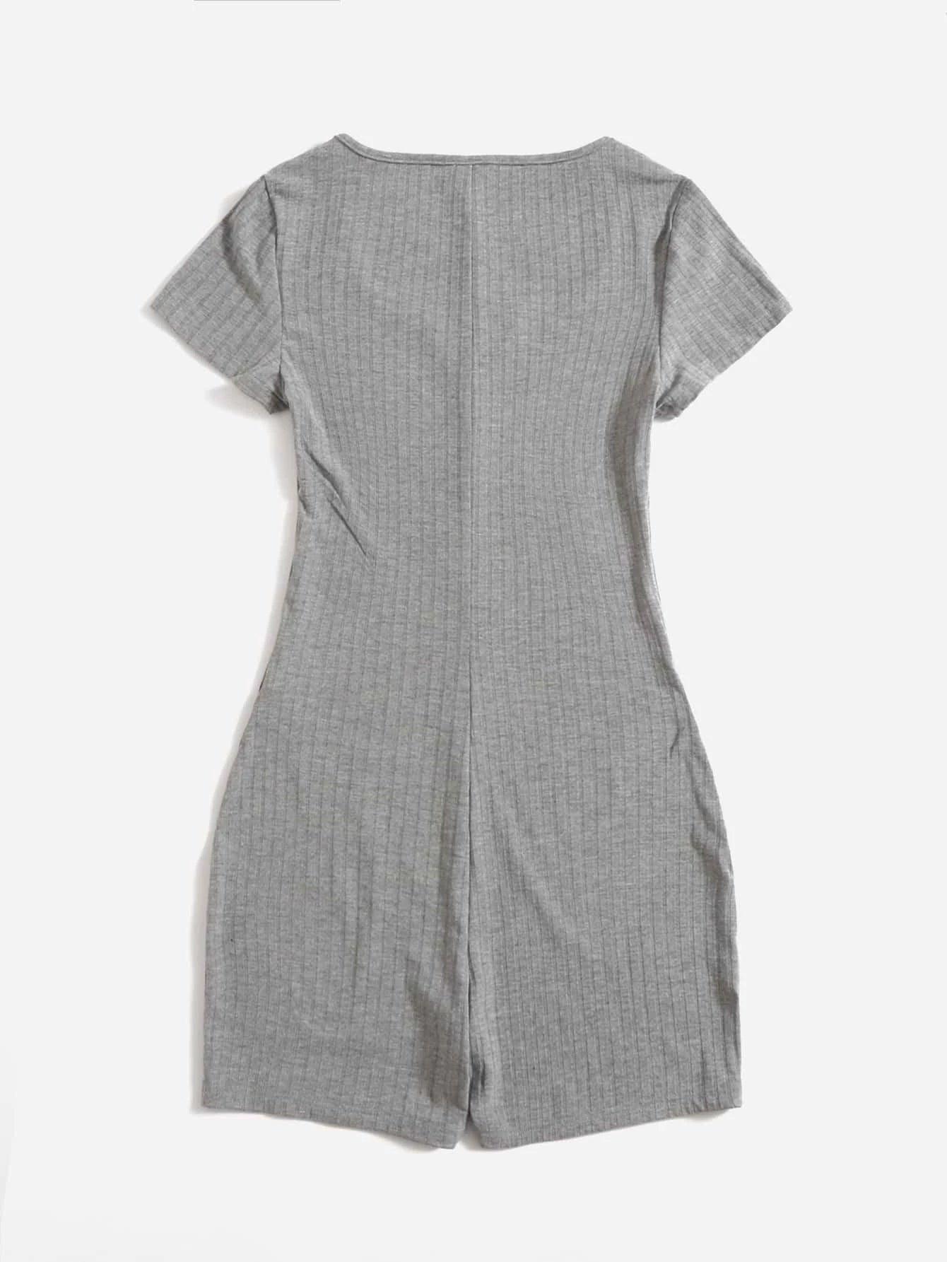 Notched Neck Rib Knit Romper-Comfy Jumpsuits