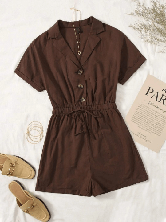 Lapel Collar Knot Detail Roll Up Sleeve Romper-Comfy Jumpsuits