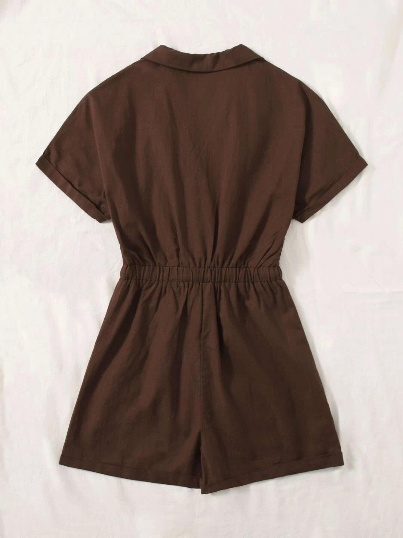 Lapel Collar Knot Detail Roll Up Sleeve Romper-Comfy Jumpsuits