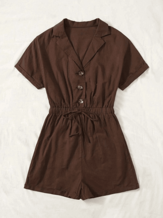 Lapel Collar Knot Detail Roll Up Sleeve Romper-Comfy Jumpsuits