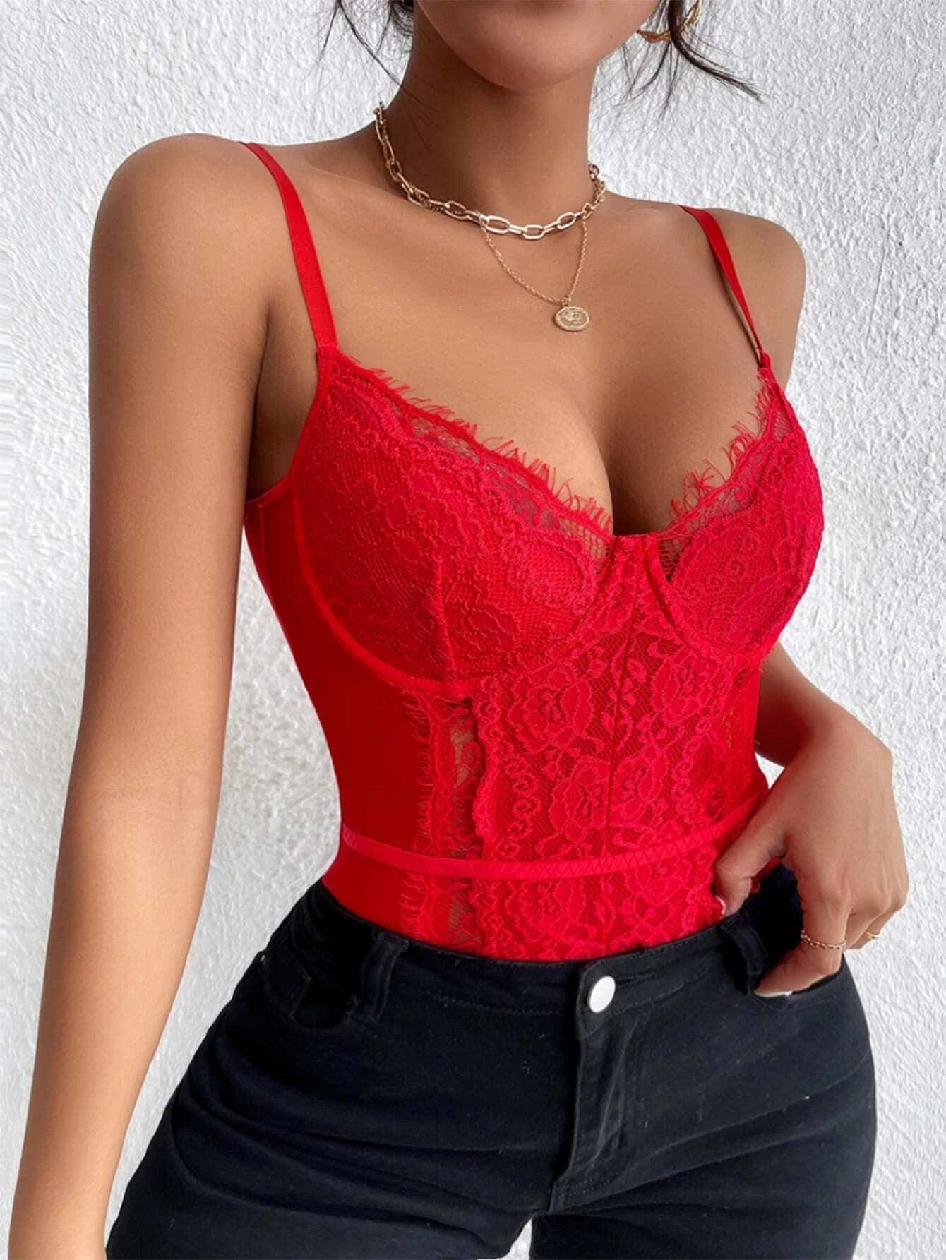 Sleeveless Lace Cami Bodysuit-Comfy Jumpsuits