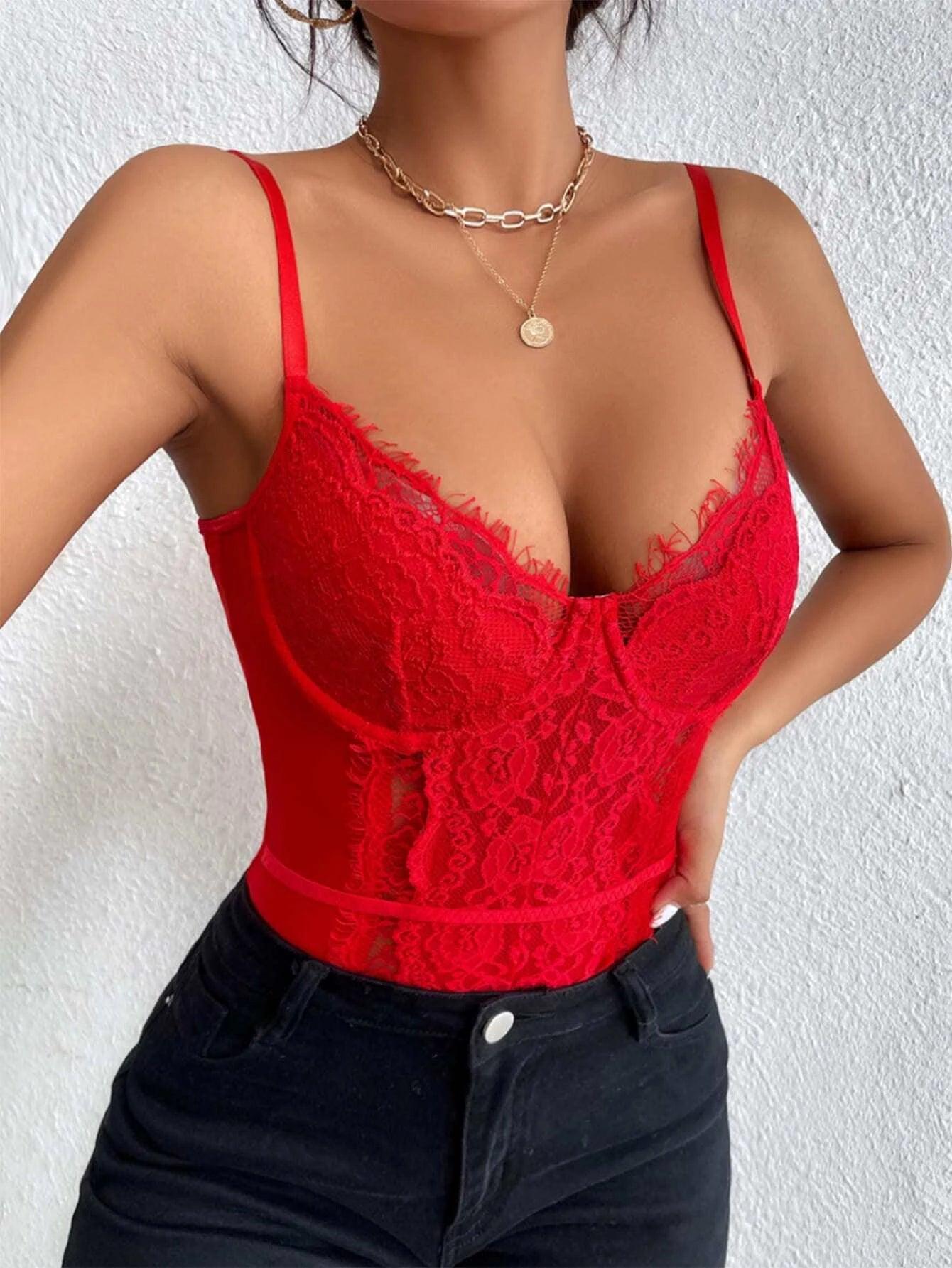 Sleeveless Lace Cami Bodysuit-Comfy Jumpsuits