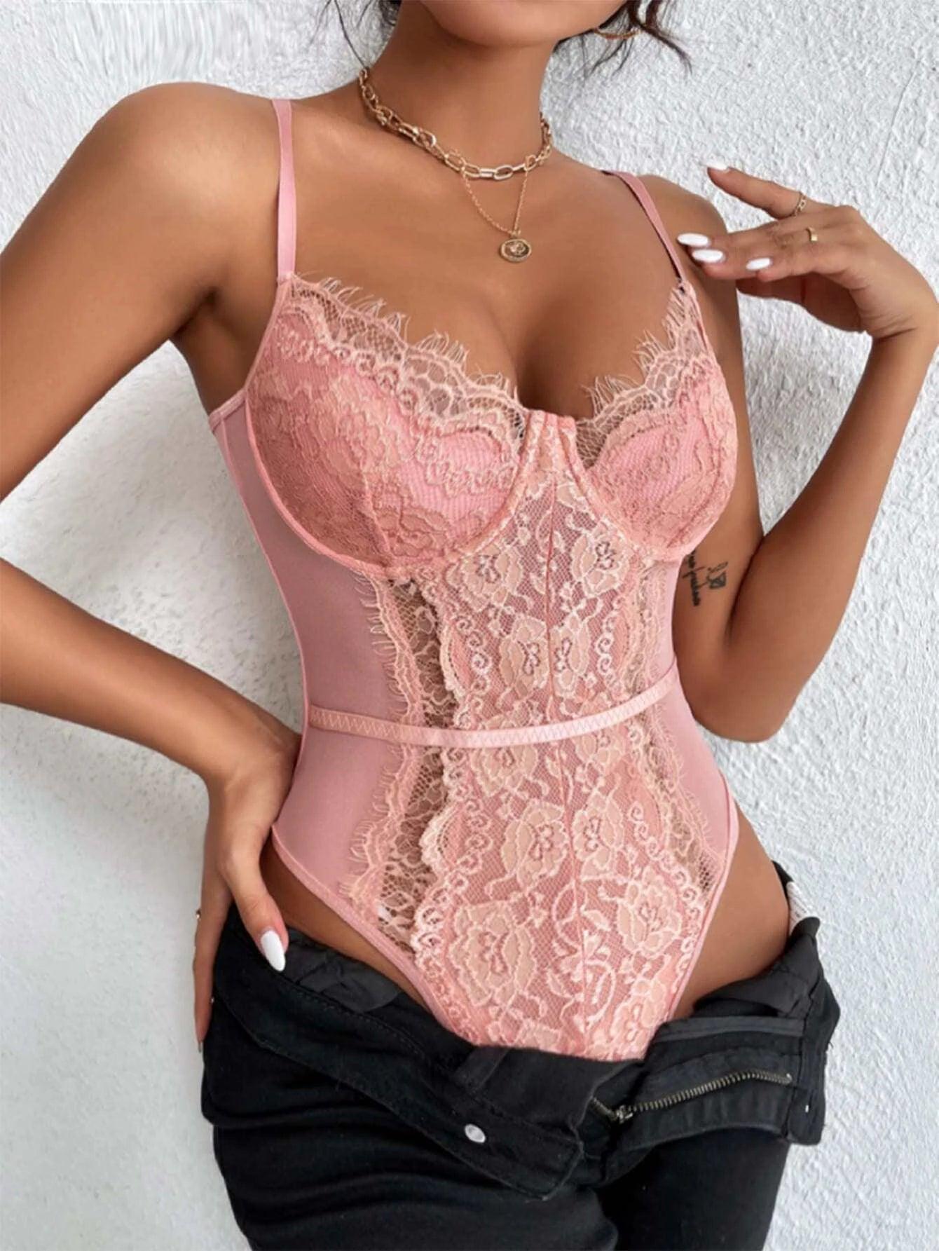 Sleeveless Lace Cami Bodysuit-Comfy Jumpsuits