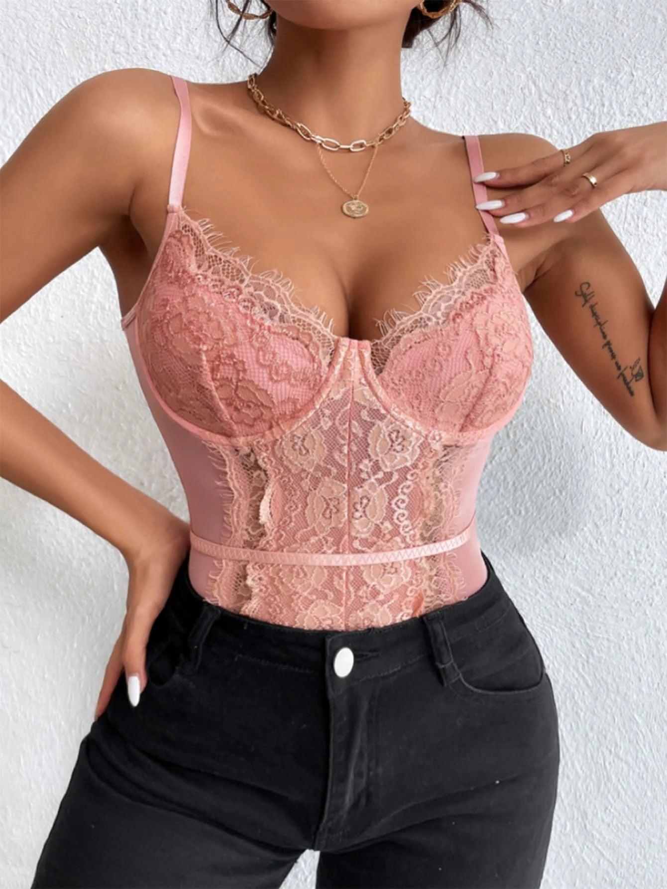 Sleeveless Lace Cami Bodysuit-Comfy Jumpsuits