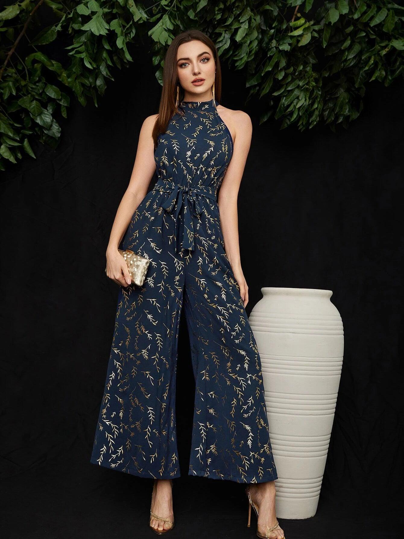 Golden Leaf Print Belted Jumpsuit-Comfy Jumpsuits