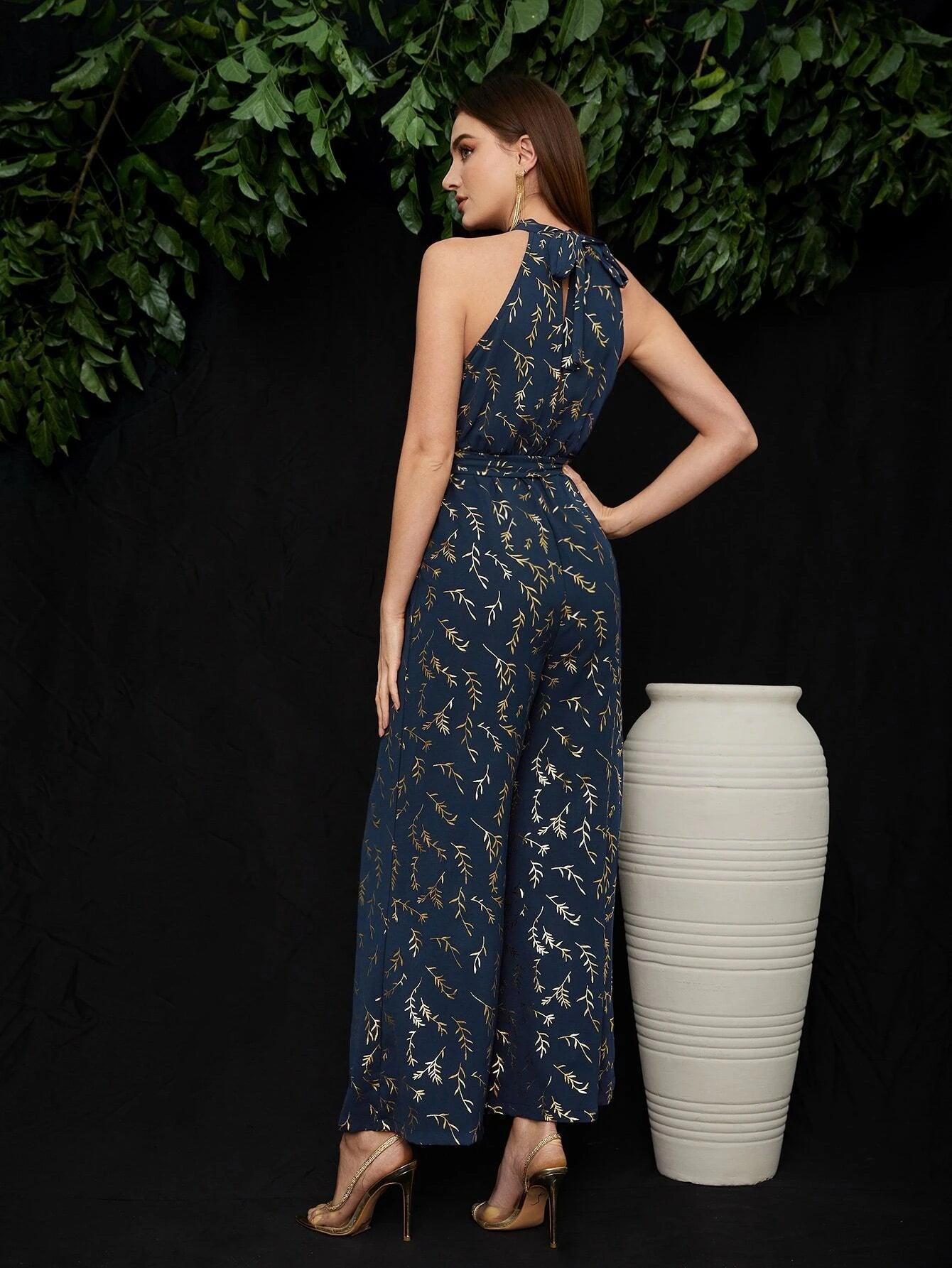 Golden Leaf Print Belted Jumpsuit-Comfy Jumpsuits