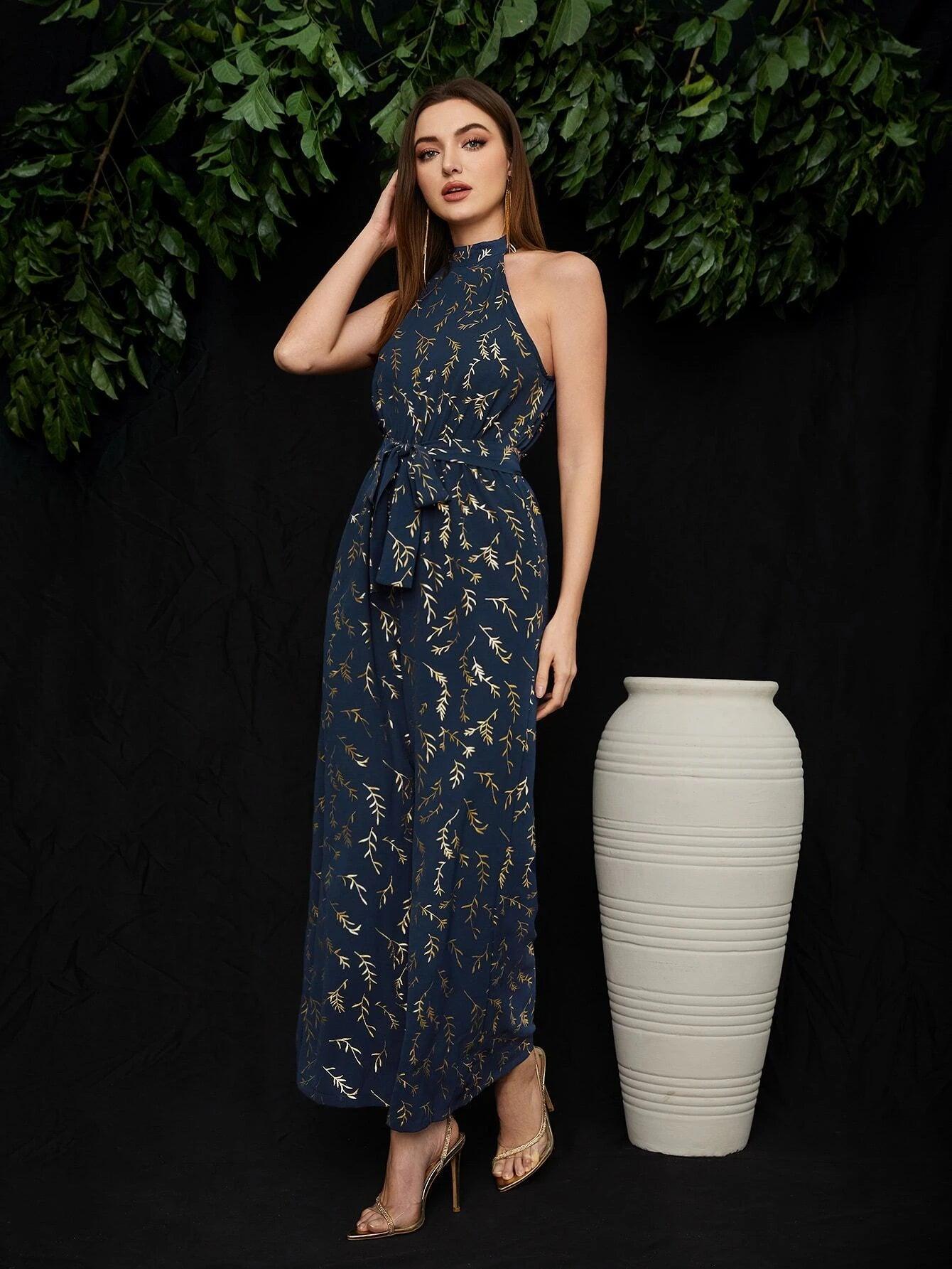 Golden Leaf Print Belted Jumpsuit-Comfy Jumpsuits