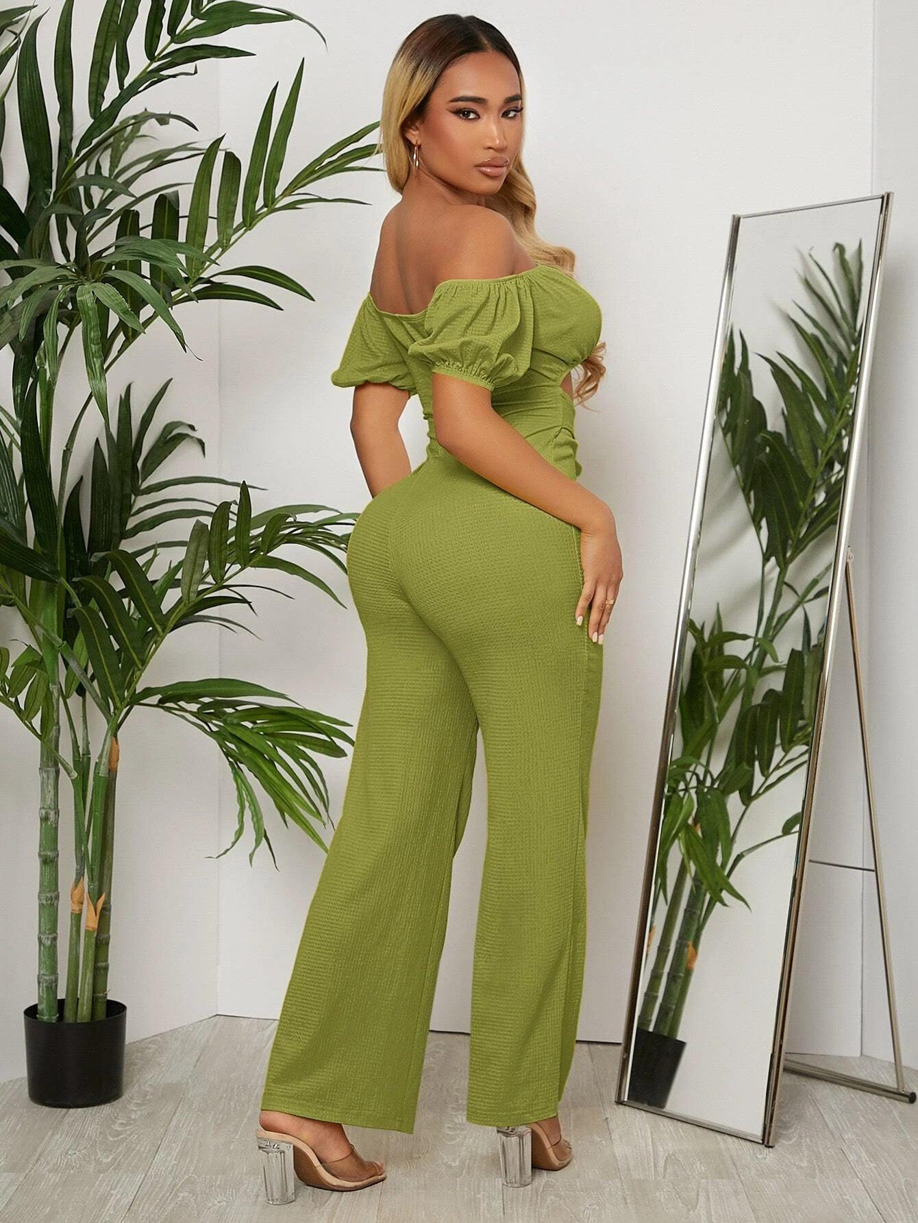 Off Shoulder Puff Sleeve Jumpsuit-Comfy Jumpsuits