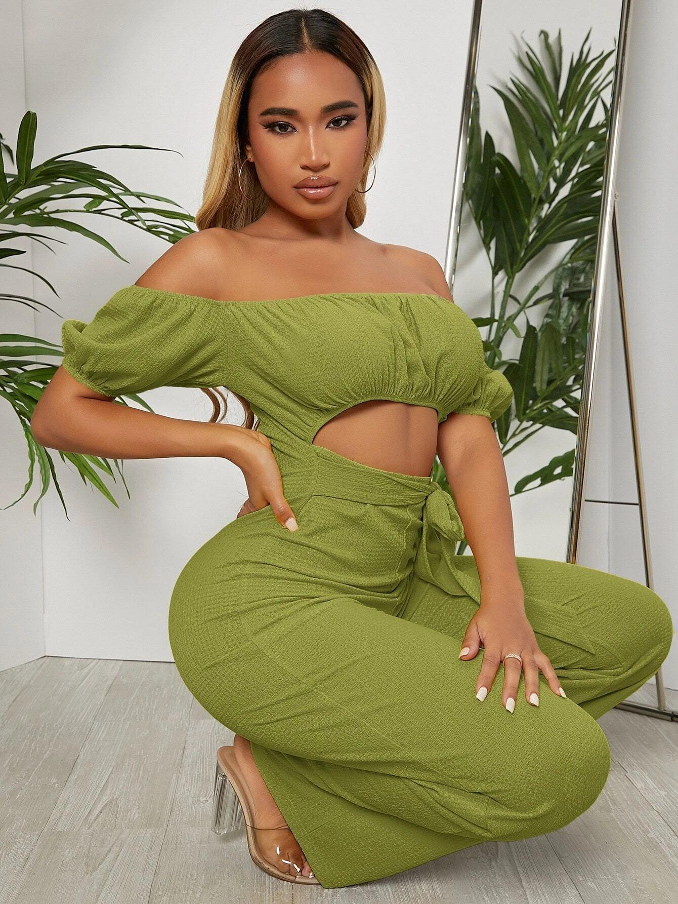 Off Shoulder Puff Sleeve Jumpsuit-Comfy Jumpsuits