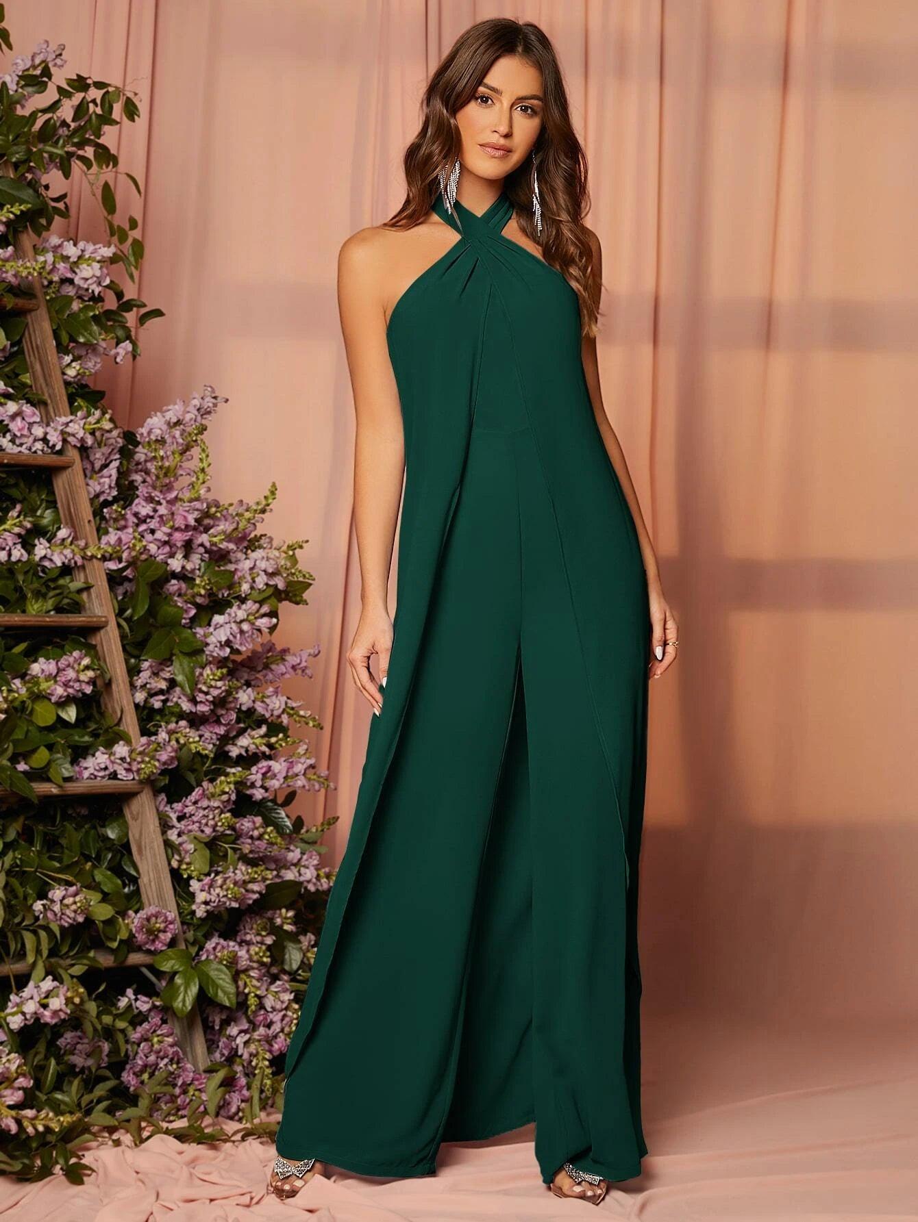 Open Back Halter Neckline Jumpsuit-Comfy Jumpsuits