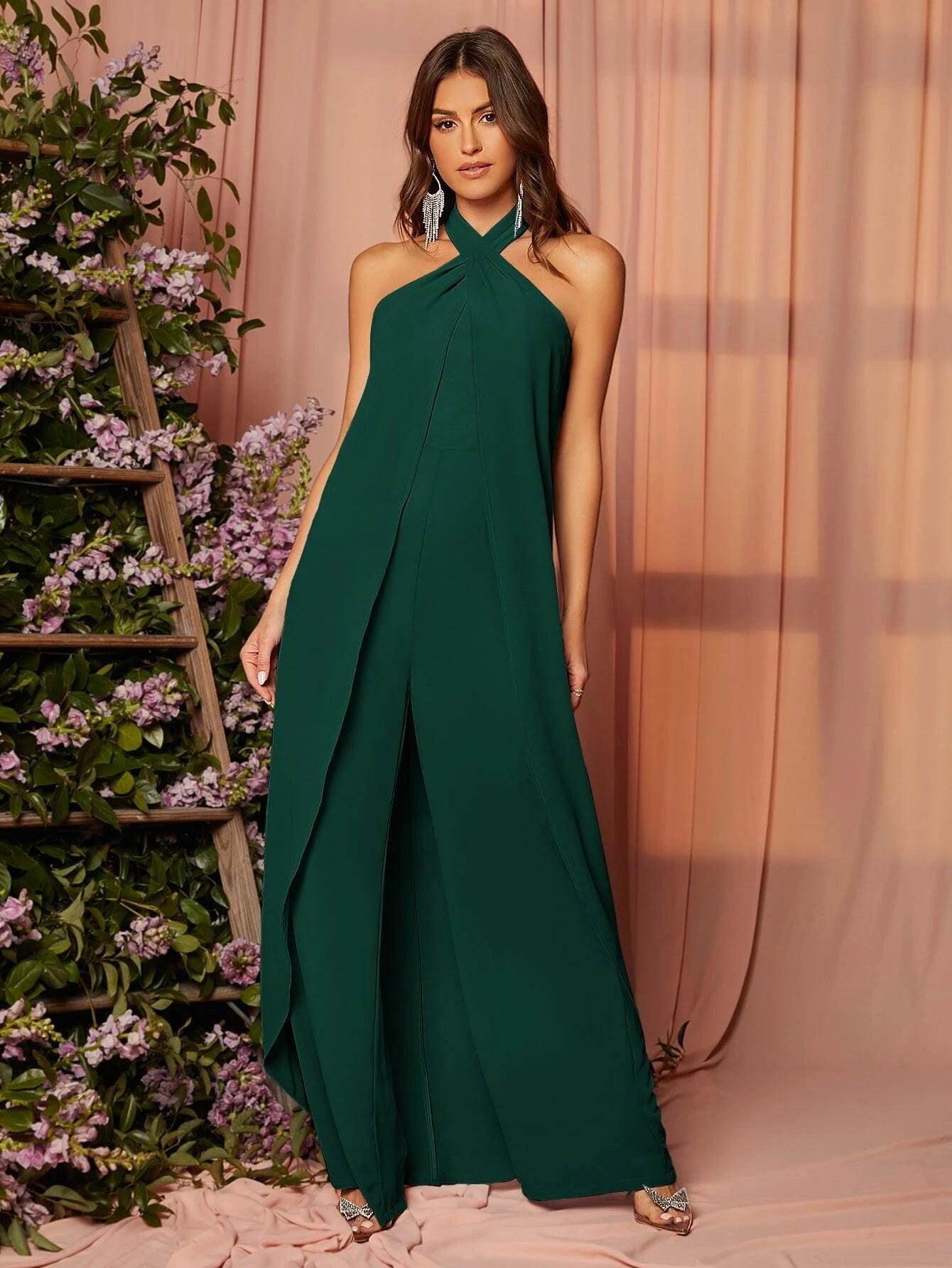 Open Back Halter Neckline Jumpsuit-Comfy Jumpsuits