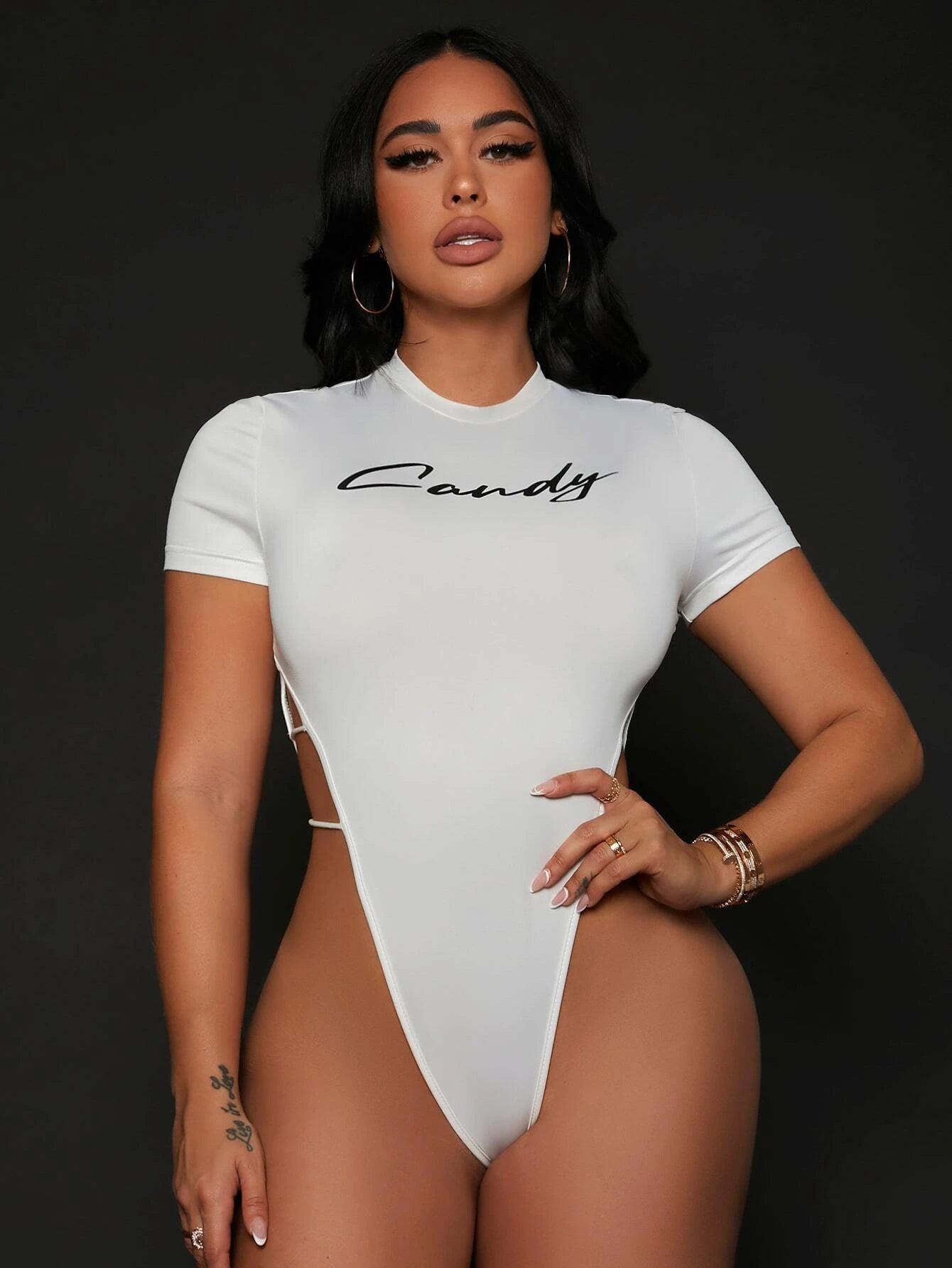 High Cut Out Side Mock Neck Tee Bodysuit-Comfy Jumpsuits