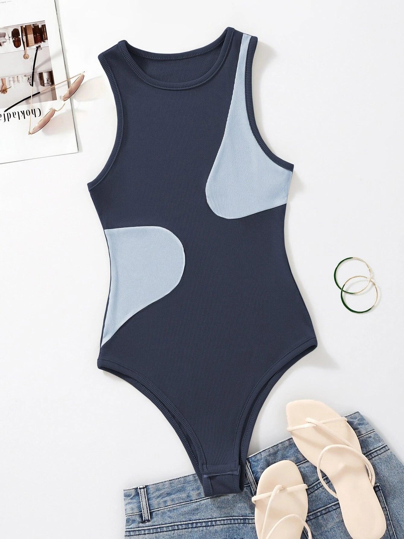 Ribbed Knit Two Tone Bodysuit-Comfy Jumpsuits