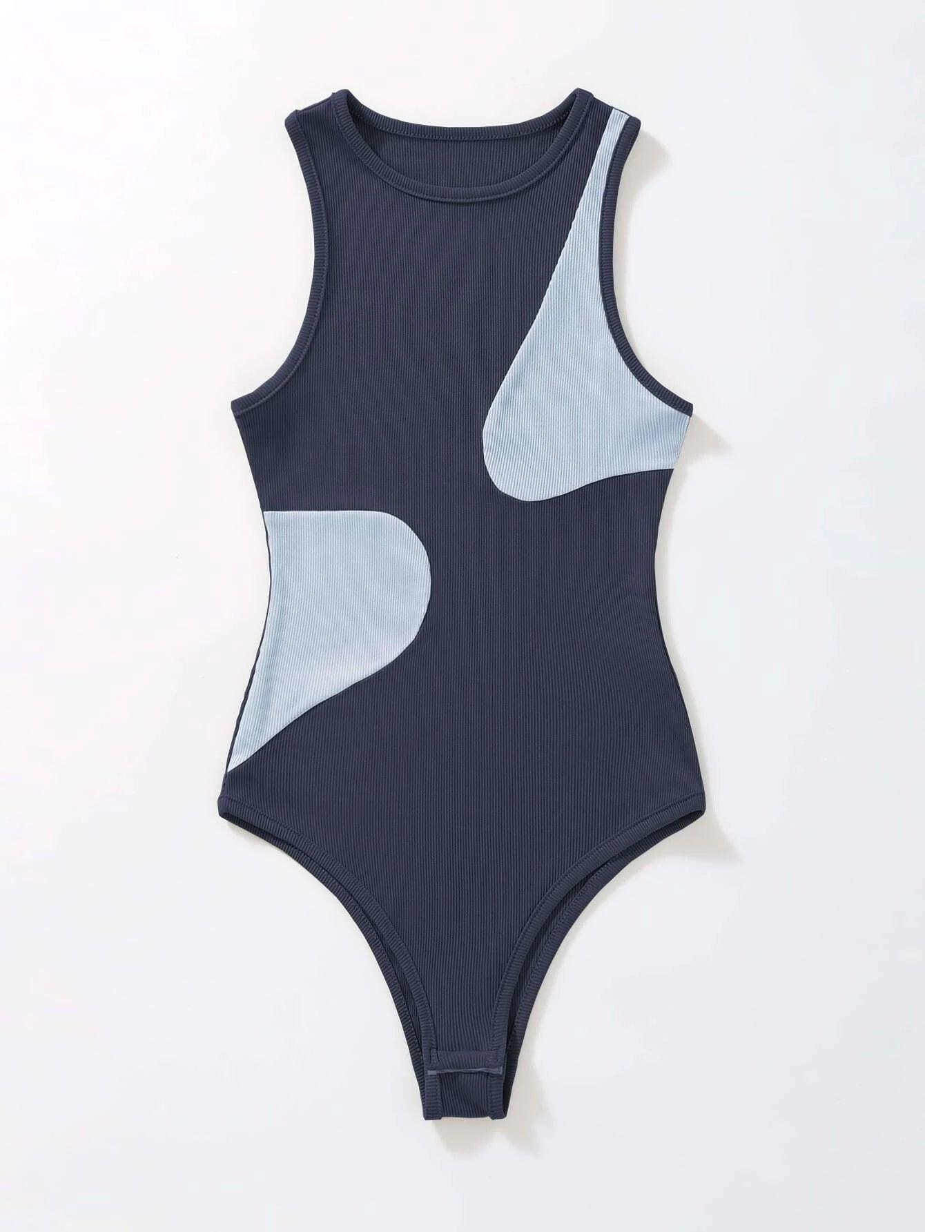 Ribbed Knit Two Tone Bodysuit-Comfy Jumpsuits