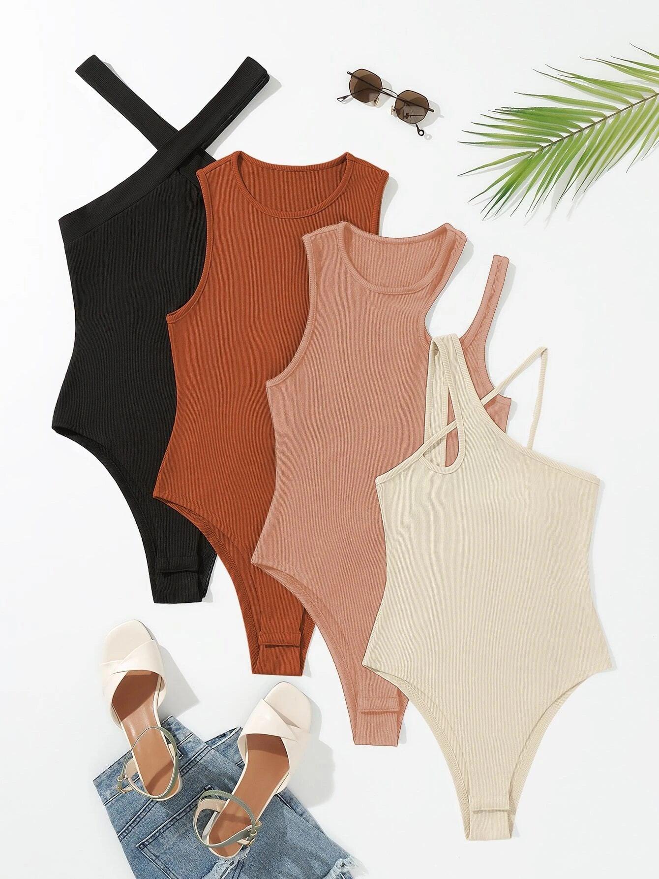 4 Pieces Asymmetrical Neck Cut Out Bodysuit-Comfy Jumpsuits
