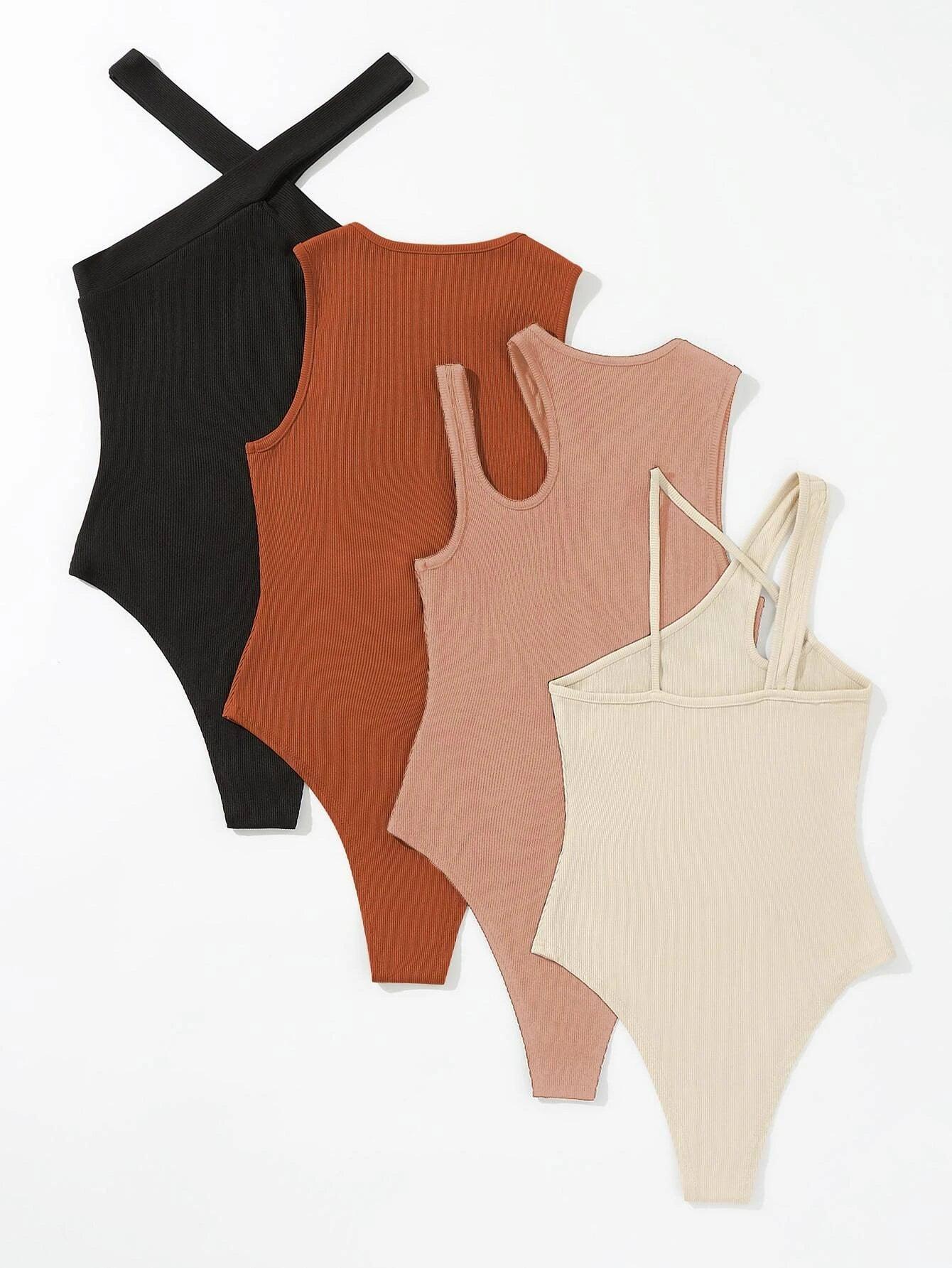 4 Pieces Asymmetrical Neck Cut Out Bodysuit-Comfy Jumpsuits