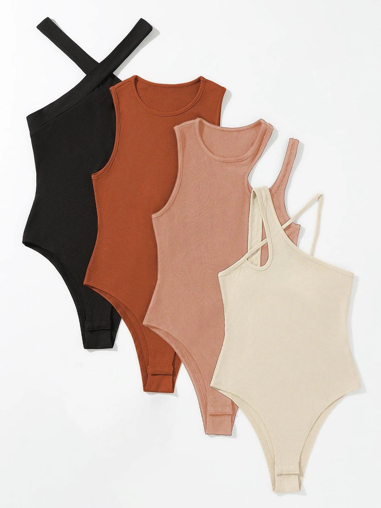 4 Pieces Asymmetrical Neck Cut Out Bodysuit-Comfy Jumpsuits