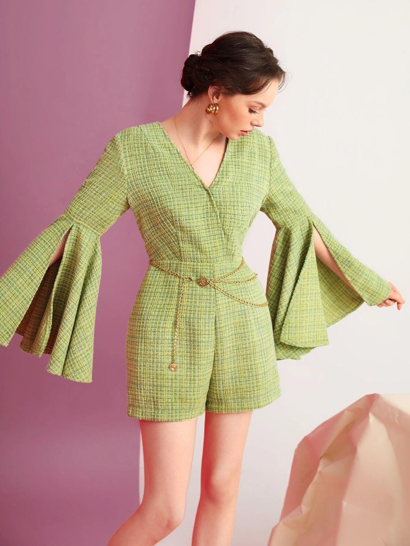 Plaid Tweed Split Sleeve Belted Romper-Comfy Jumpsuits