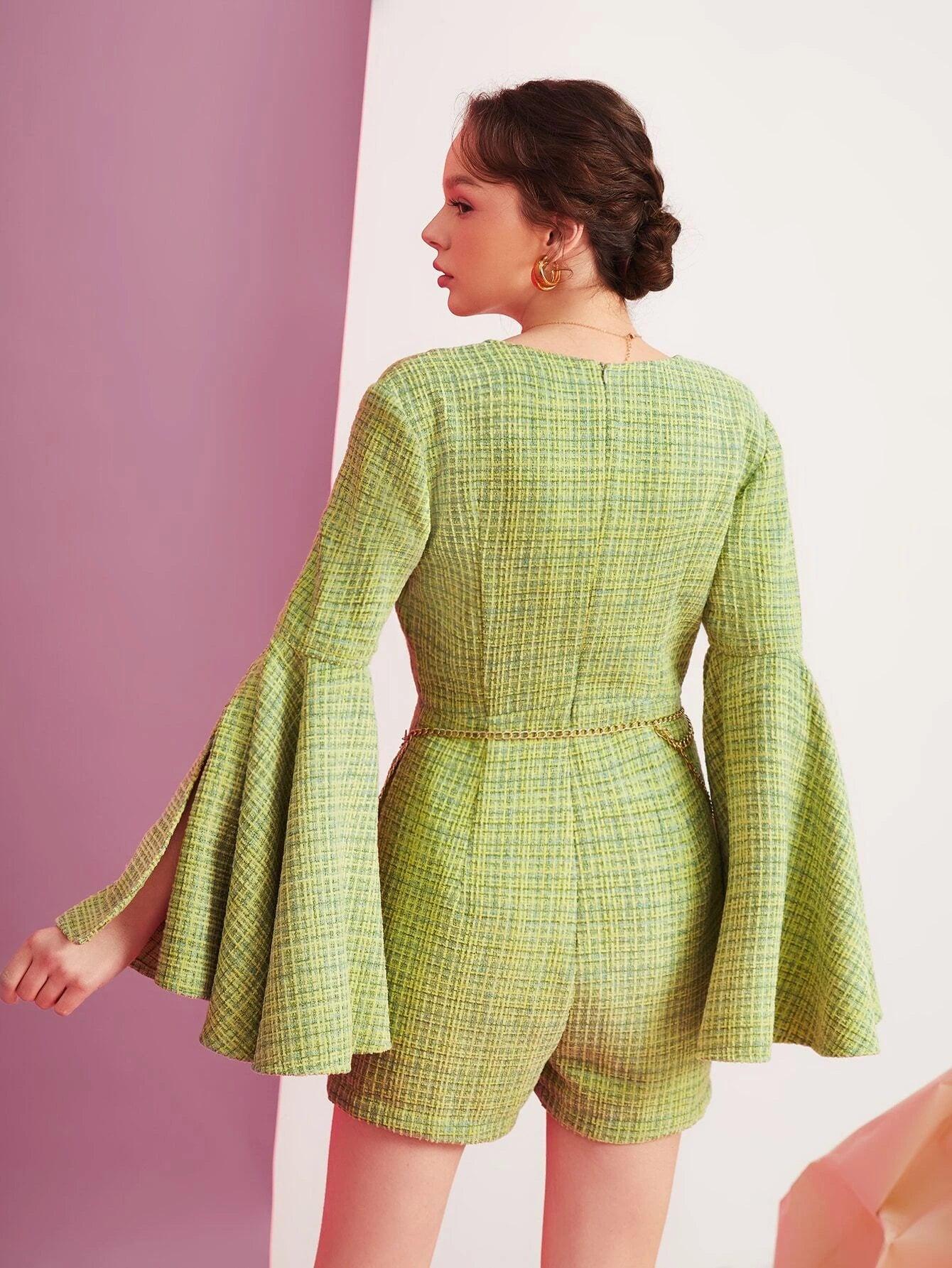 Plaid Tweed Split Sleeve Belted Romper-Comfy Jumpsuits