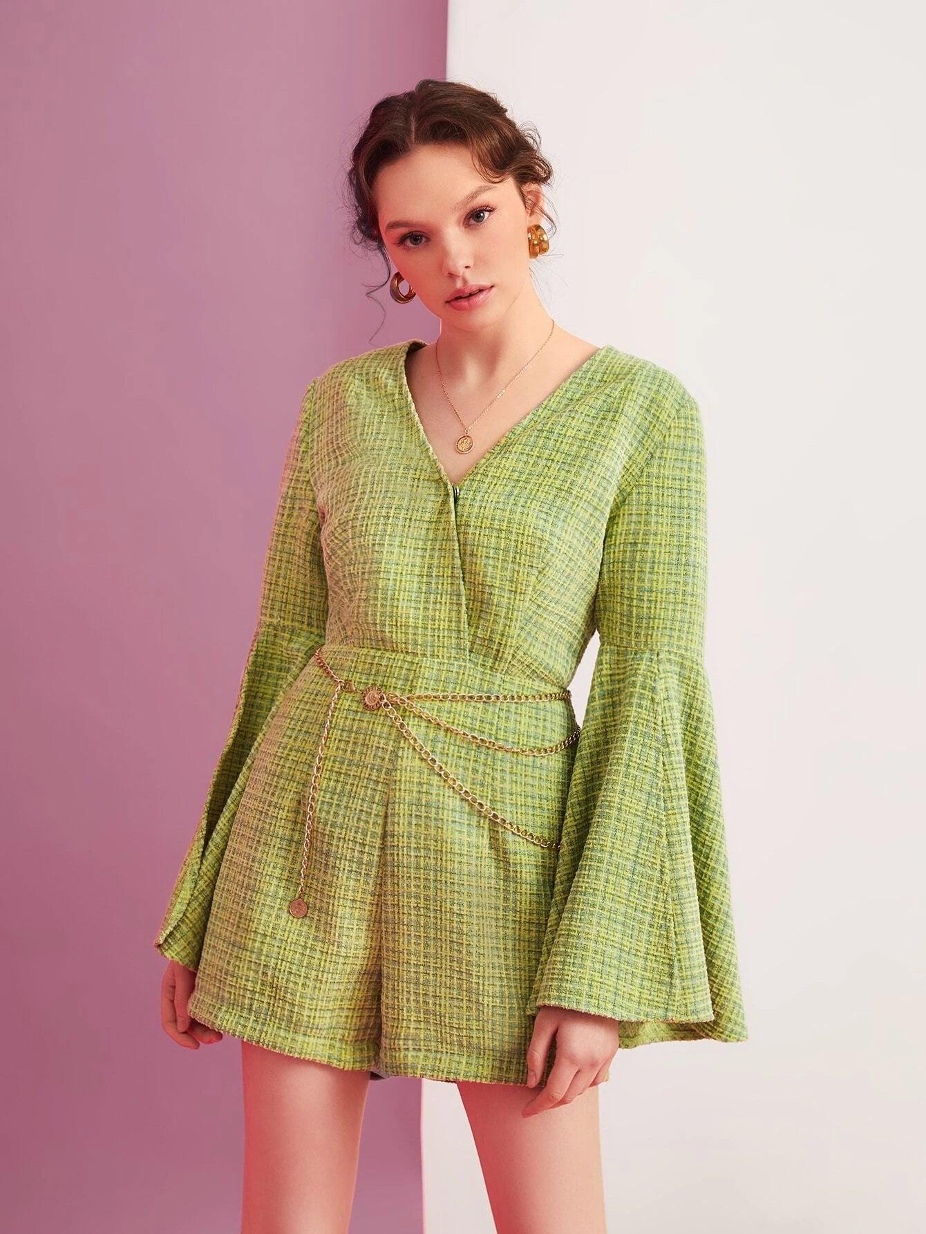 Plaid Tweed Split Sleeve Belted Romper-Comfy Jumpsuits