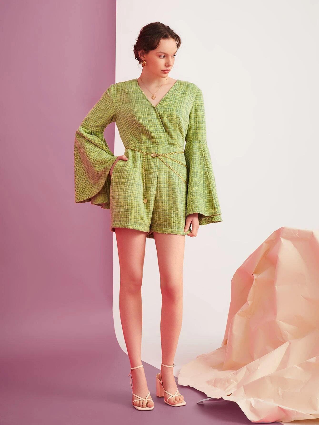 Plaid Tweed Split Sleeve Belted Romper-Comfy Jumpsuits