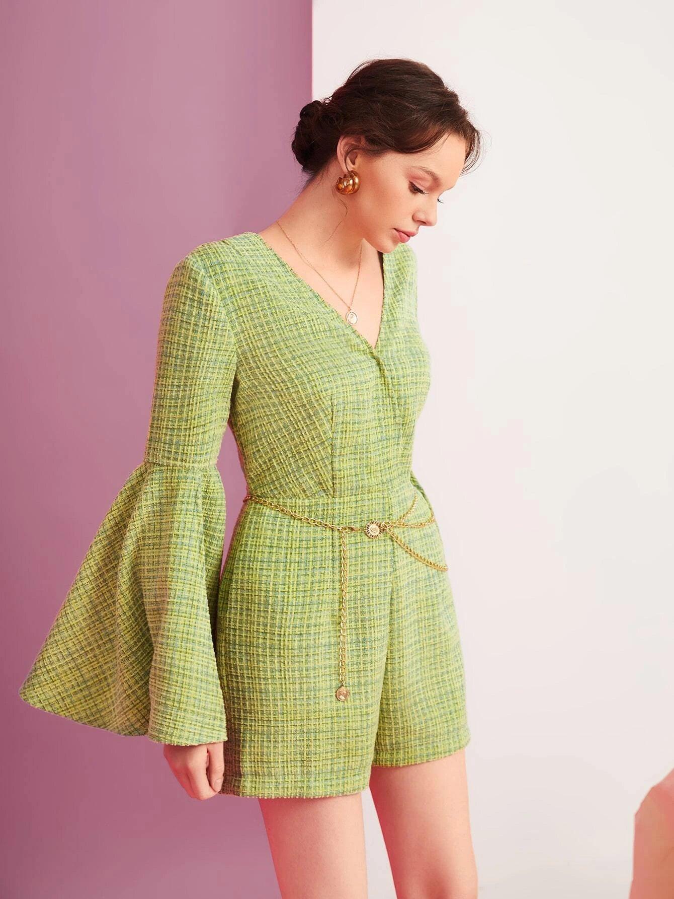 Plaid Tweed Split Sleeve Belted Romper-Comfy Jumpsuits