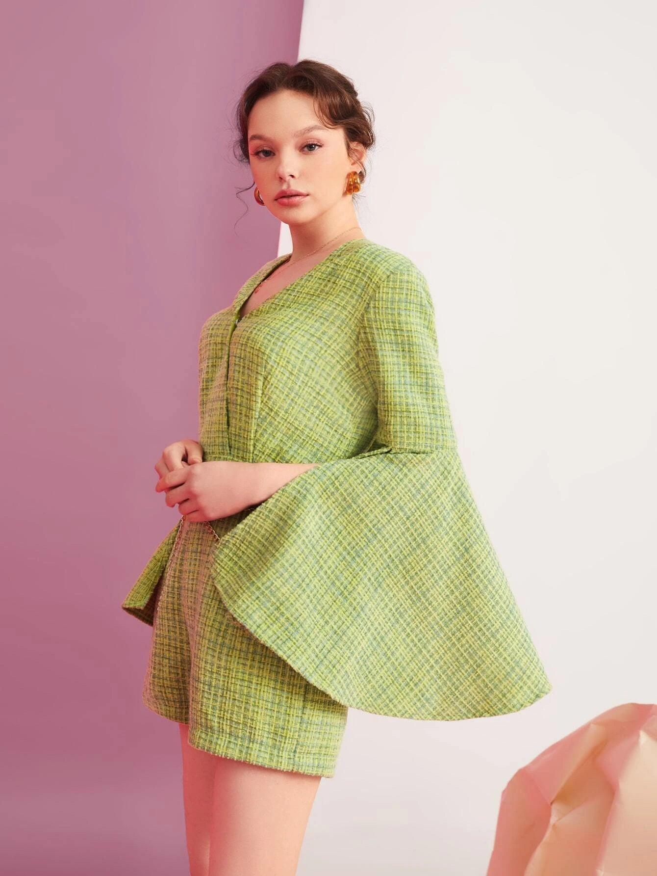 Plaid Tweed Split Sleeve Belted Romper-Comfy Jumpsuits