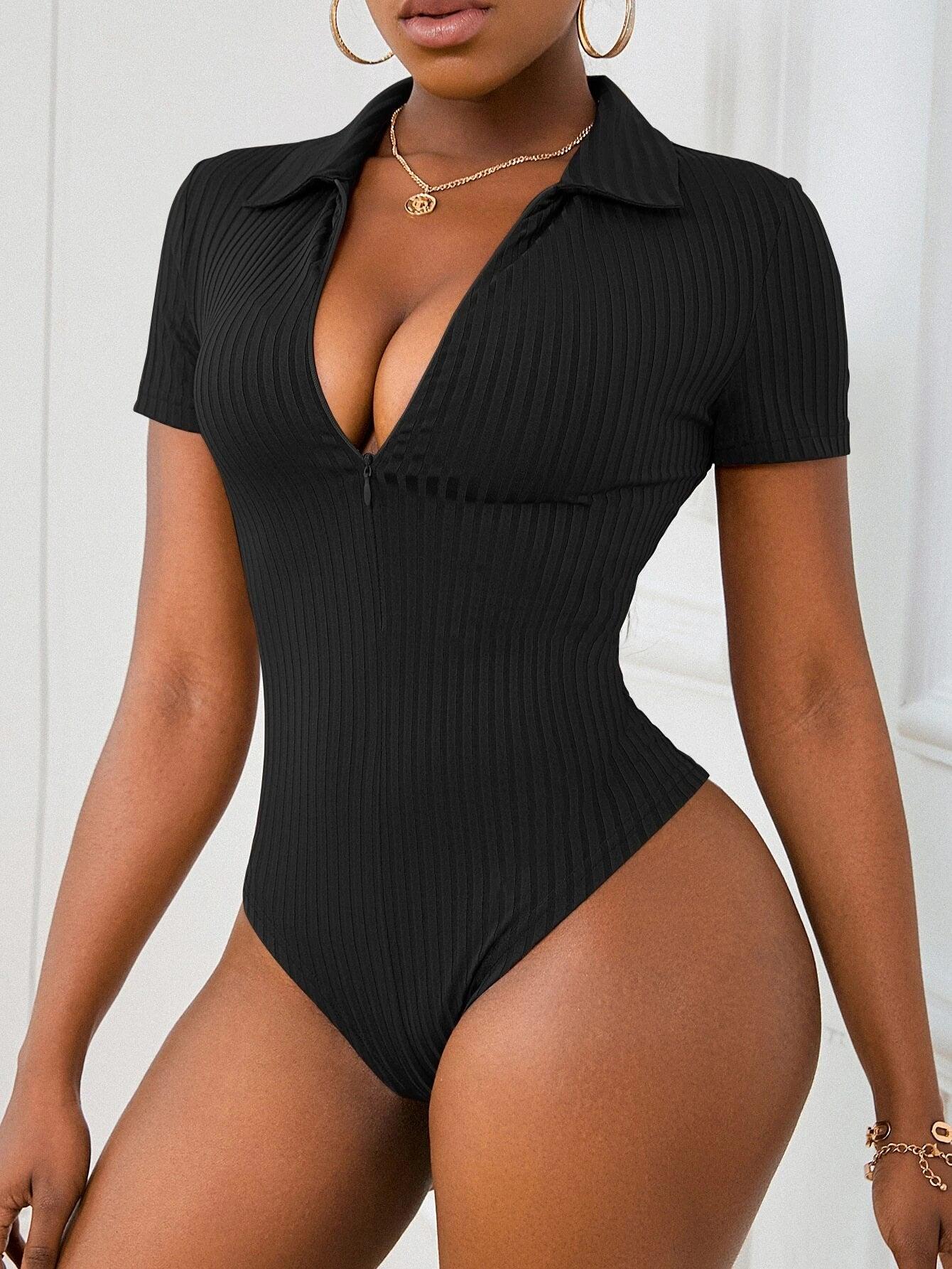 Zip Front Slim Fit Tee Bodysuit-Comfy Jumpsuits
